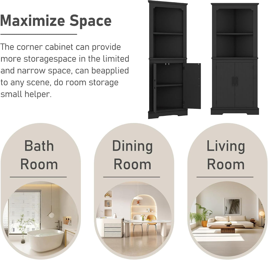 KEIKI 69.3' Corner Storage Cabinet with Round Edges, 2 Open Shelves and Door for Maximum Storage in Small Spaces, Stylish - Black