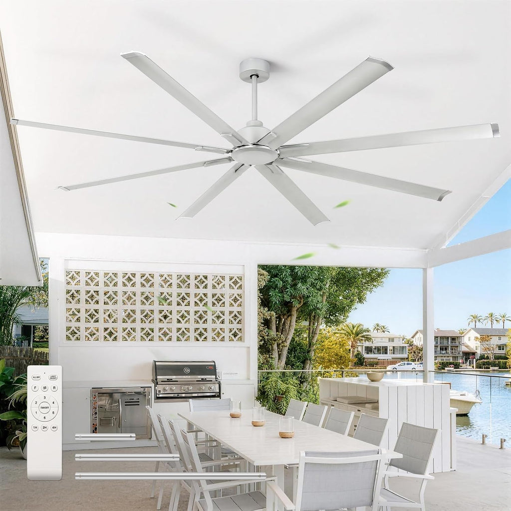 YYEHON 84 inch Large Ceiling Fans No Lights，Industrial Ceiling Fan with 8 Aluminum Blades,3 Downrod，6-Speed Remote Control, Home or Commercial Ceiling Fan for Porch，Garage，Shop