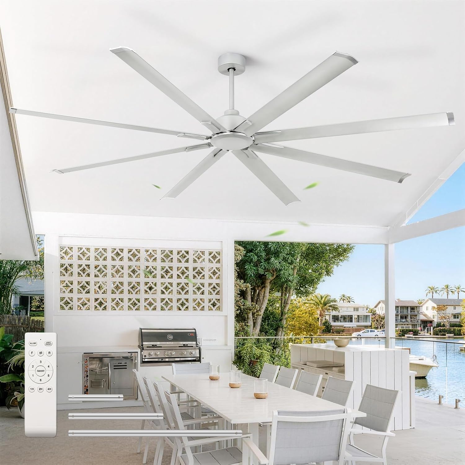 YYEHON 84 inch Large Ceiling Fans No Lights，Industrial Ceiling Fan with 8 Aluminum Blades,3 Downrod，6-Speed Remote Control, Home or Commercial Ceiling Fan for Porch，Garage，Shop