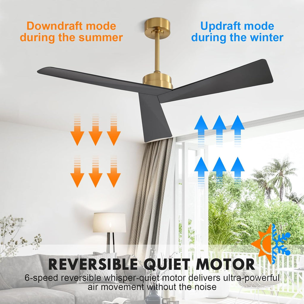 WINGBO 52' DC Ceiling Fan without Lights, Brass and Black Ceiling Fan with Remote, 3 ABS Plastic Blades, 6 Speed Reversible DC Motor, Ceiling Fans No Light for Kitchen Bedroom Living Room