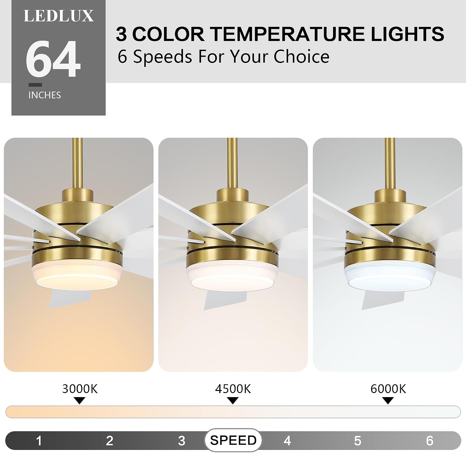 LEDLUX 64' Ceiling Fan with Light, 6-Speed Remote Control, Reversible DC Motor, Modern 9 Blades with 4.5'/12' Downrods for Home or Commercial White/Gold