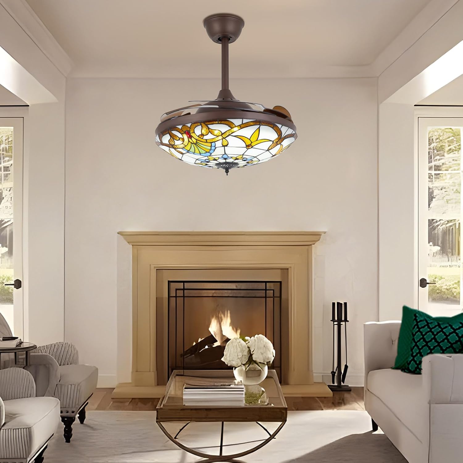 Retro 3 Color Ceiling Fan 3 Gear Wind Lights Ceiling Fan Chandelier with Remote Control, Flush Mount Ceiling Fan Lighting Fixture for Bedroom Store Office Loft-US Stock