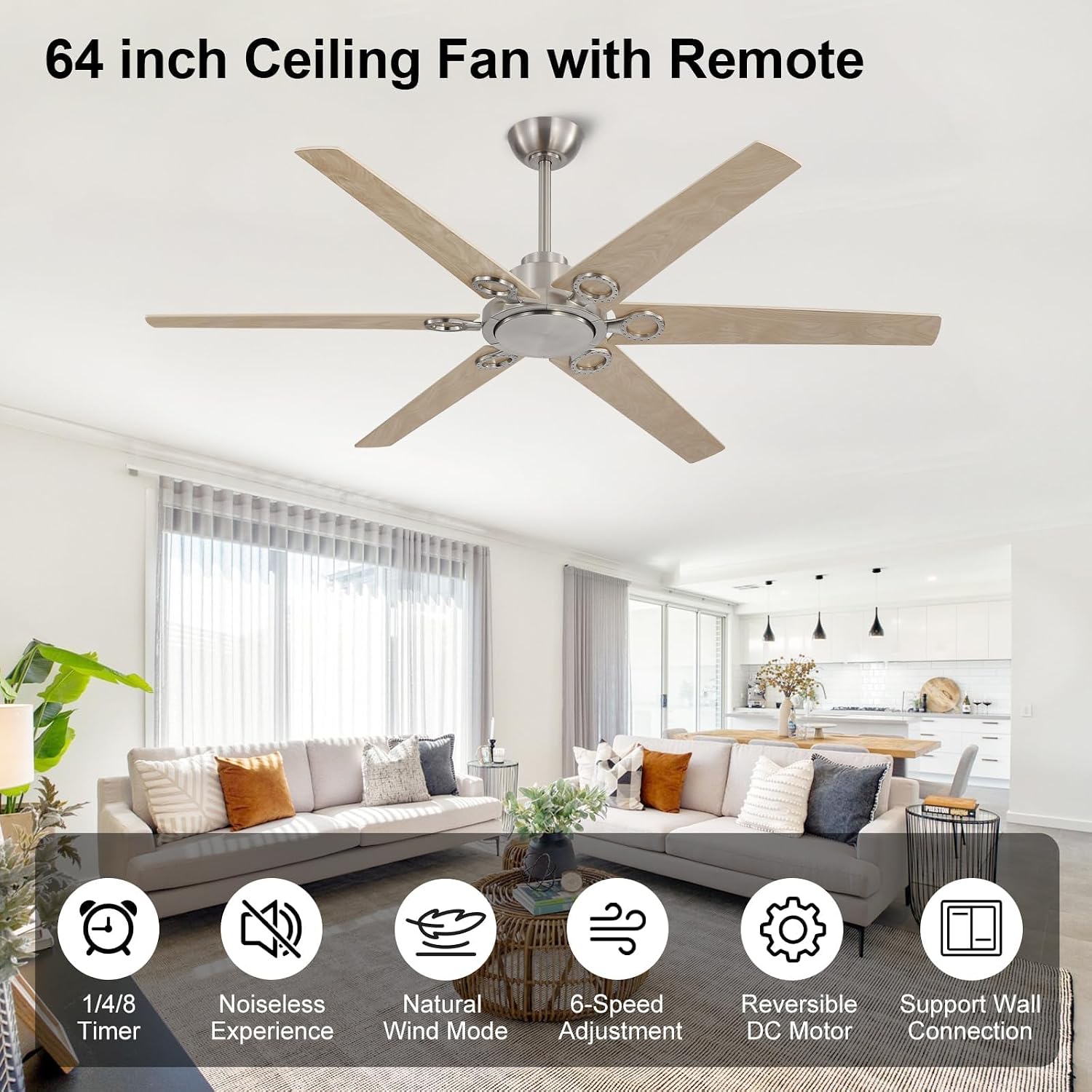 WINGBO Ceiling Fan no Light - 64 inch Ceiling Fan with Remote Control,6 Blades Modern Ceiling Fan, 6-Speed Noiseless Timer Powerful DC Motor, ETL Listed, Indoor/Outdoor, Nickel + Light Wood