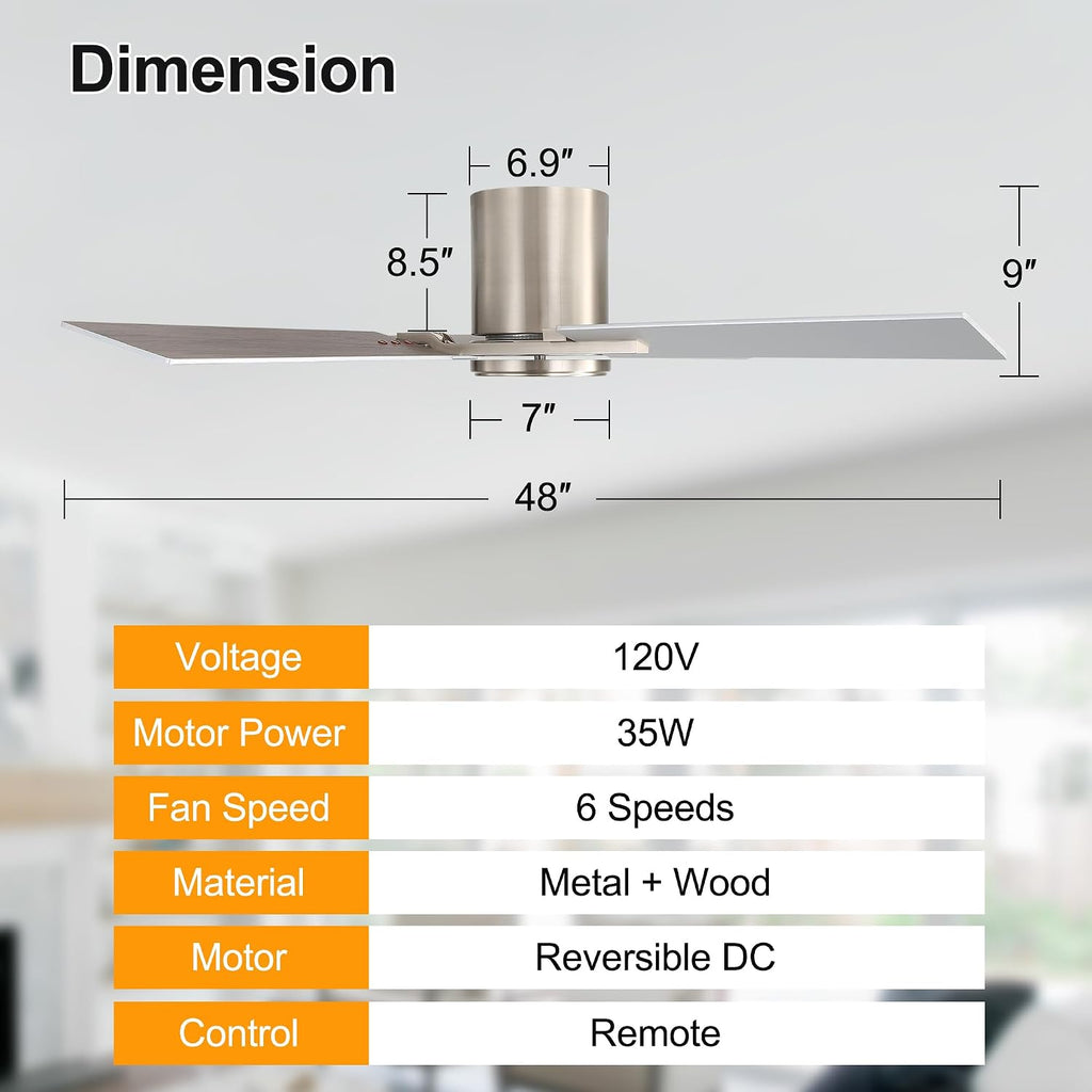 WINGBO 48 Inch Flush Mount Ceiling Fan without Light - 4 Plywood Blades, 6-Speed Reversible DC Motor, Noiseless Low Profile Ceiling Fan No Light for Bedroom Living Room, Nickel and Silver/Gray