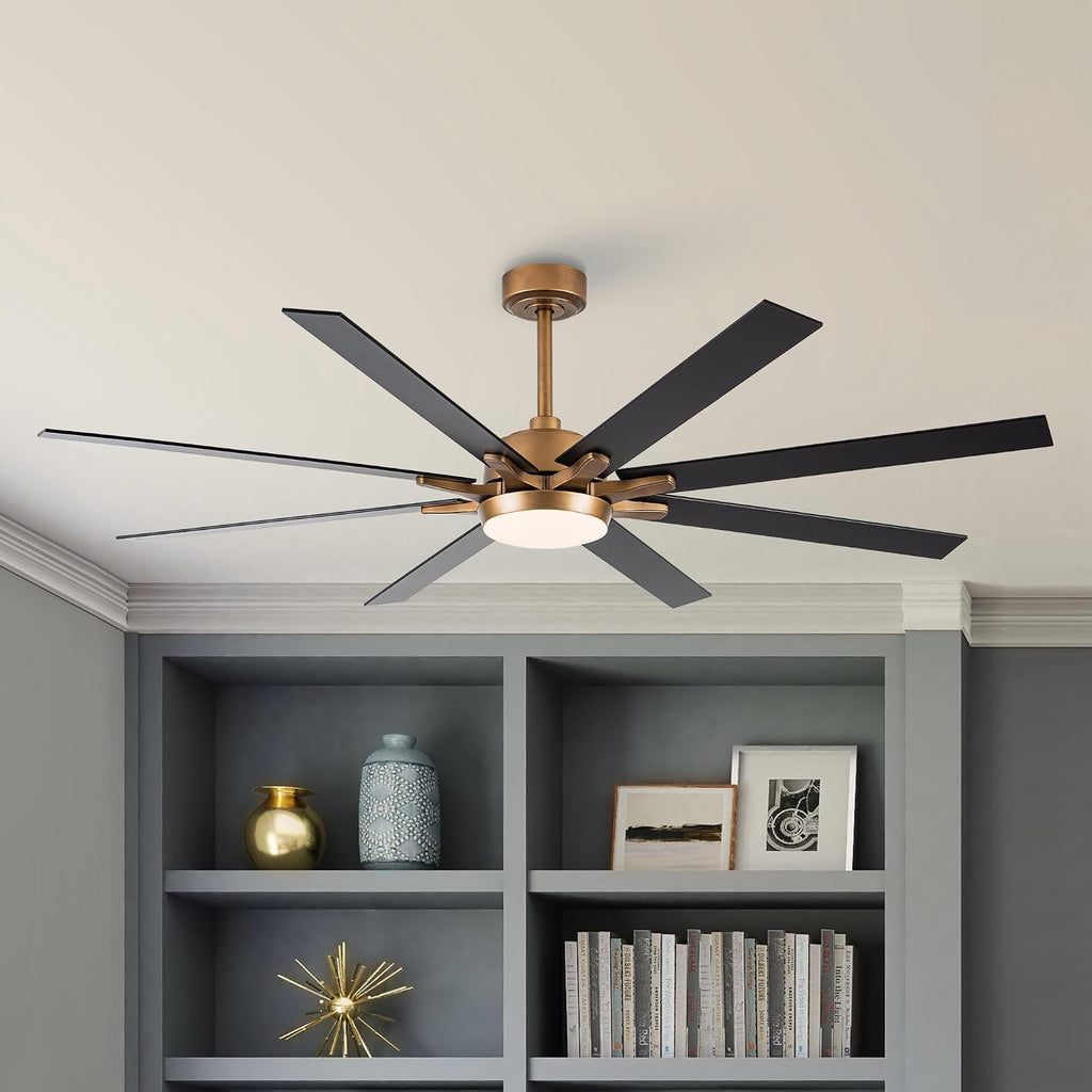 65'' Large Industrial Ceiling Fan with Light, Matte Black, 8-Blade DC Motor, 6-Speed Reversible Airflow, 24W Dimmable LED 3000K/4000K/5000K, Remote Control for Living Room Patio Garage
