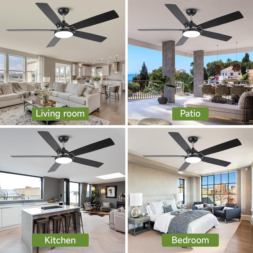 60 inch Outdoor Ceiling Fans for Patios with Light, Modern Black Ceiling Fan with Light and Remote, Quiet Reversible DC Motor, Damp Rated Large Airflow Ceiling Fan for Exterior House Porch Gazebo