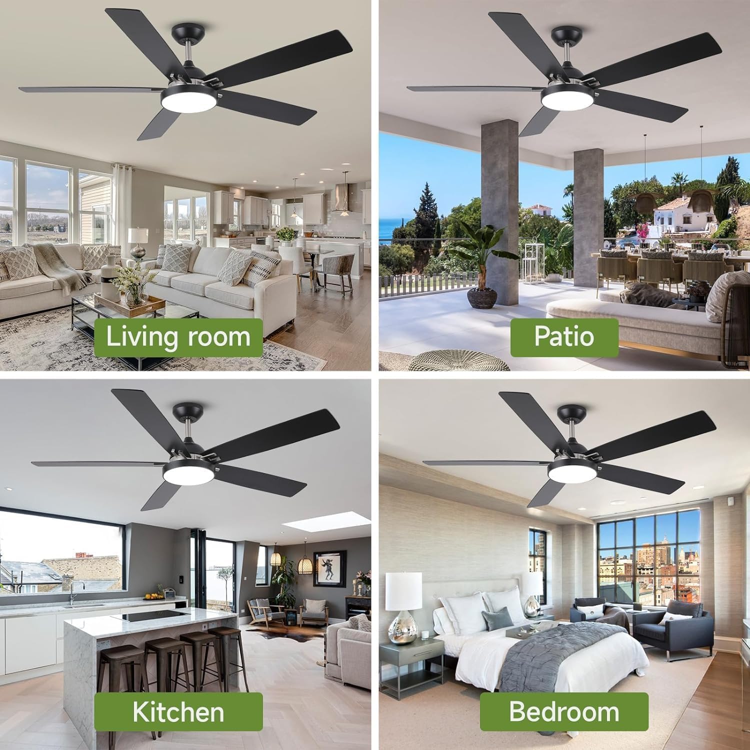 60 inch Outdoor Ceiling Fans for Patios with Light, Modern Black Ceiling Fan with Light and Remote, Quiet Reversible DC Motor, Damp Rated Large Airflow Ceiling Fan for Exterior House Porch Gazebo