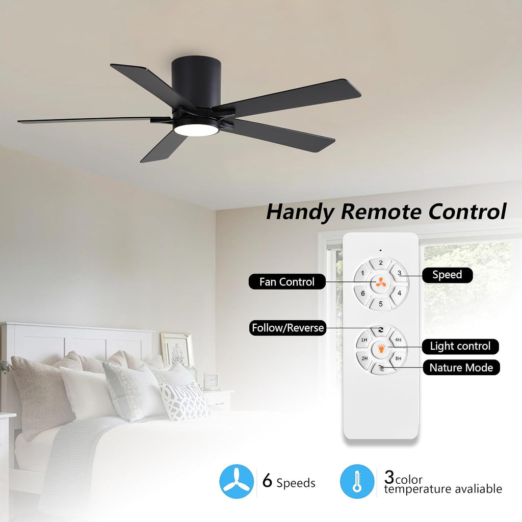 WINGBO 48' DC Flush Mount Ceiling Fan with Lights, 6-Speed Reversible DC Motor, 3CCT, Low Profile Hugger Ceiling Fan for Living Room Bedroom Kitchen, Black Finish and Black/Walnut Blades