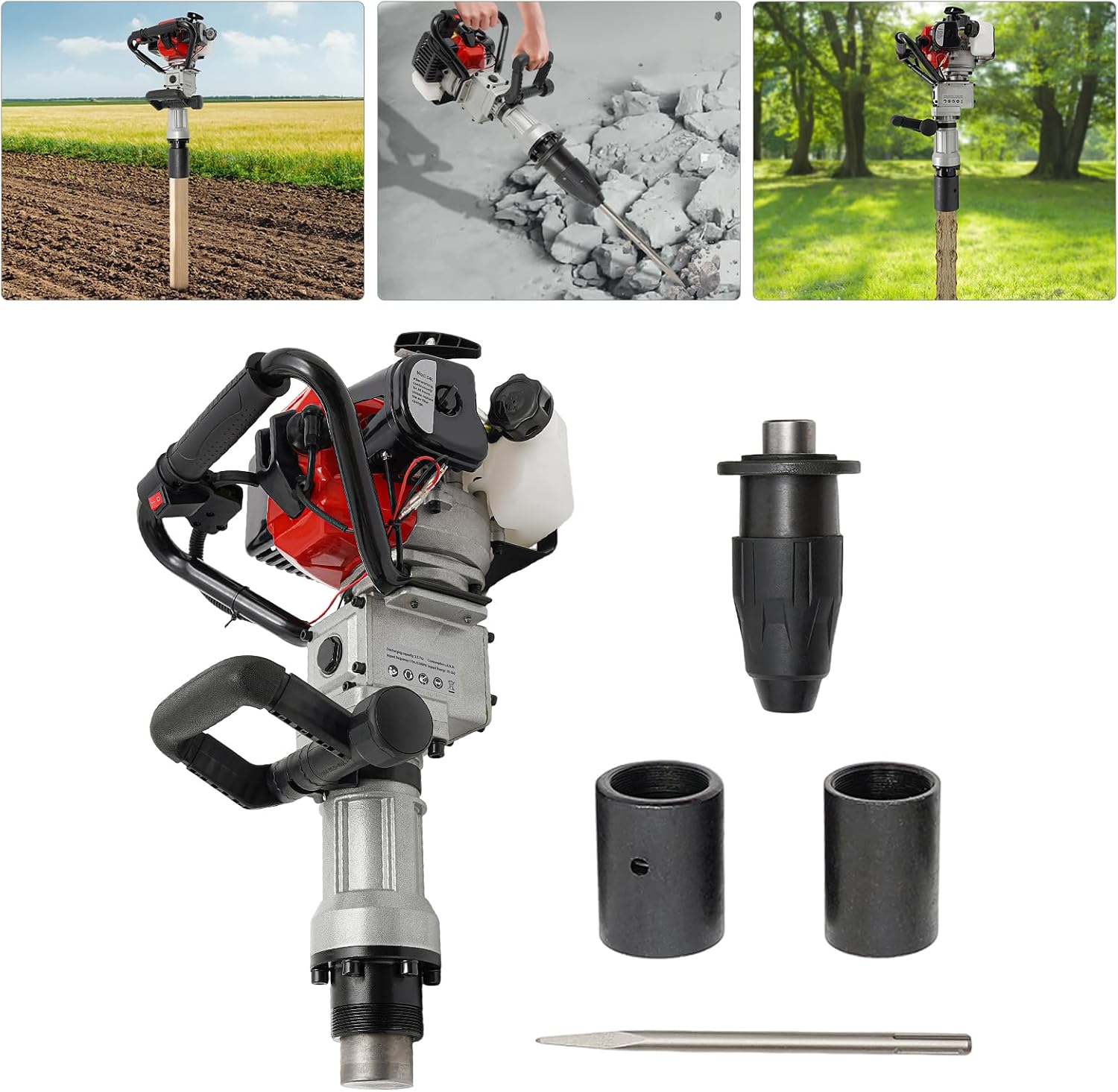 2-Stroke Gas Powered Pile Driver, 32.7CC 1000W Portable Petrol Piledriver Garden Fencing Tool Farm Piling Driver Air Cooling Single-Cylinder 0.9L Fuel Tank for Farmland Guardrails, Vegetable Planting
