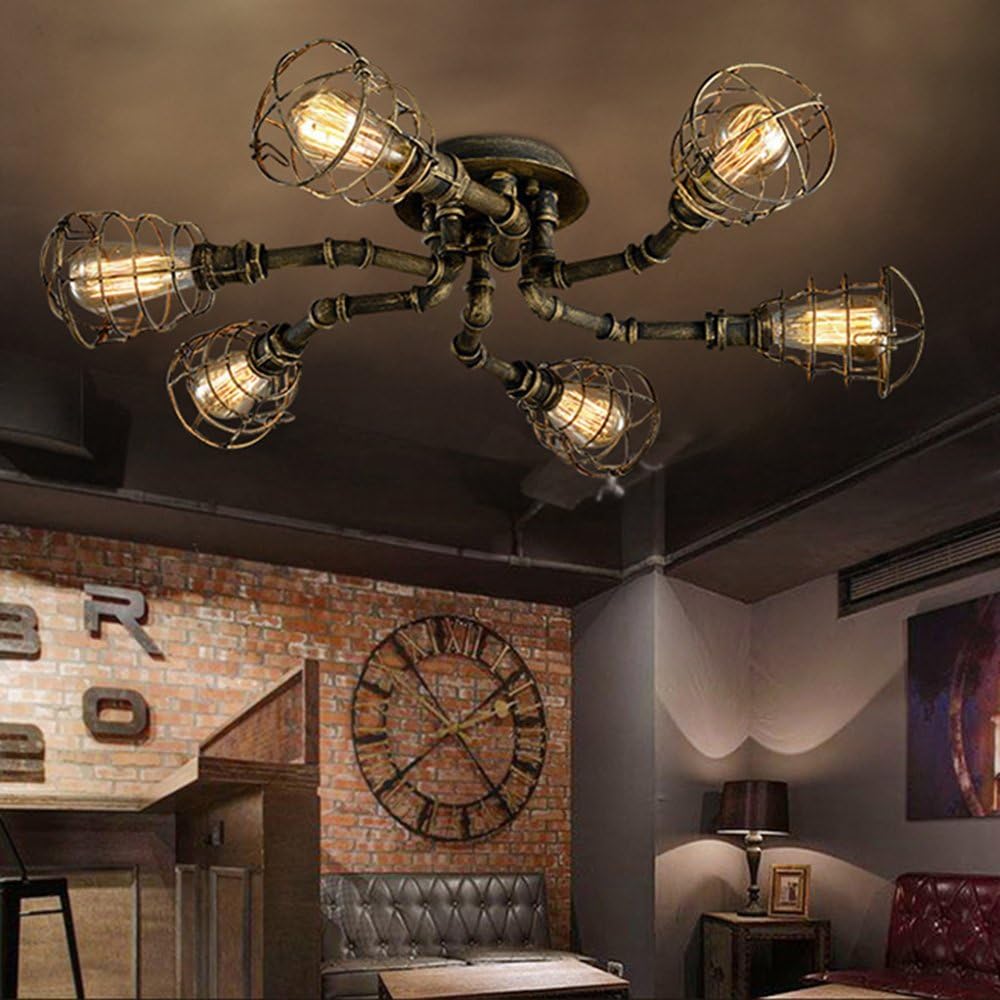 LITFAD Vintage Flush Mount Ceiling Light 6 Lights Industrial Cage Pipe Pendant Light Retro Iron Metal Ceiling Lamp Edison Close to Ceiling Light for Bedroom Dining Room Restaurant