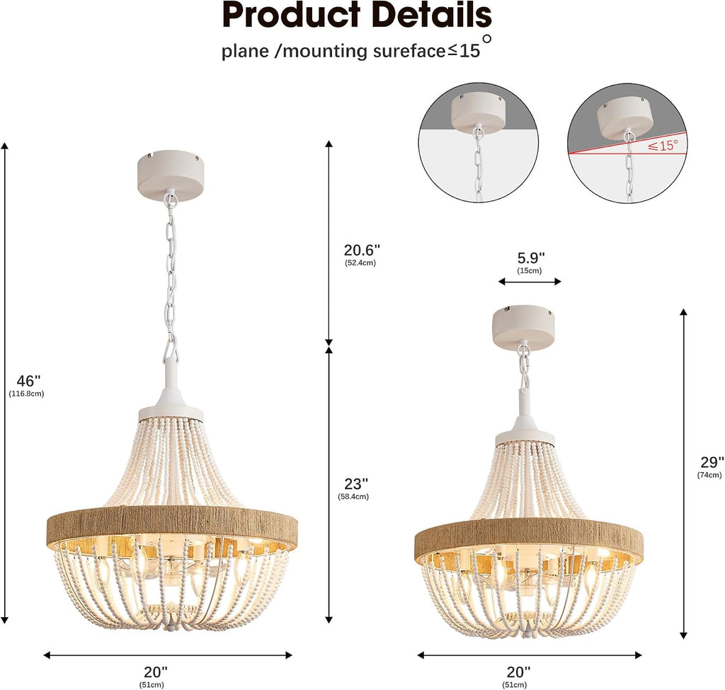 20' Rustic Beaded Chandelier Ceiling Fan with Lights, Remote & App Control, 6 Speed, 8-Lights Boho Fandelier, for Bedroom, Dining Room (Minimalist White)