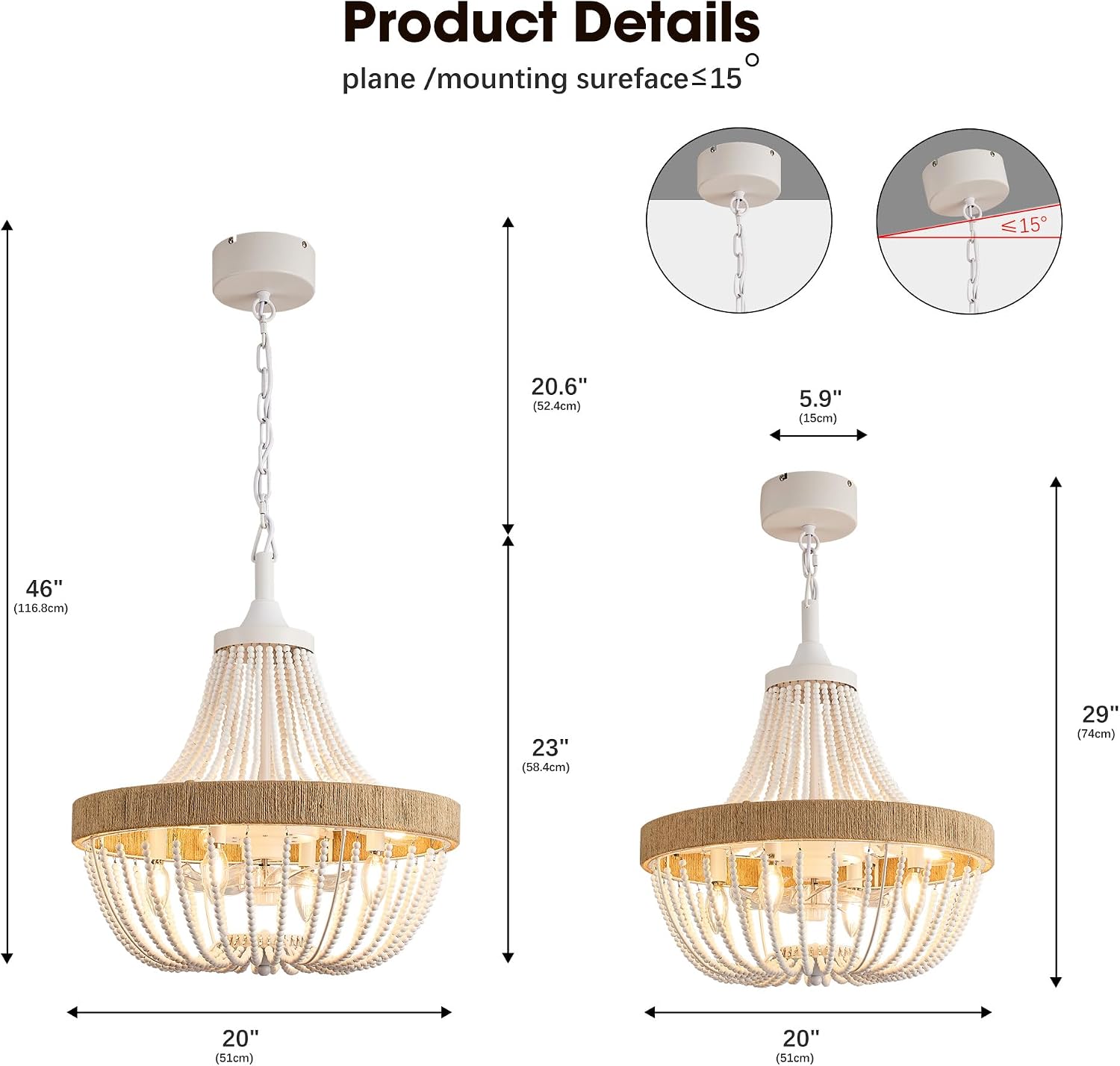 20' Rustic Beaded Chandelier Ceiling Fan with Lights, Remote & App Control, 6 Speed, 8-Lights Boho Fandelier, for Bedroom, Dining Room (Minimalist White)