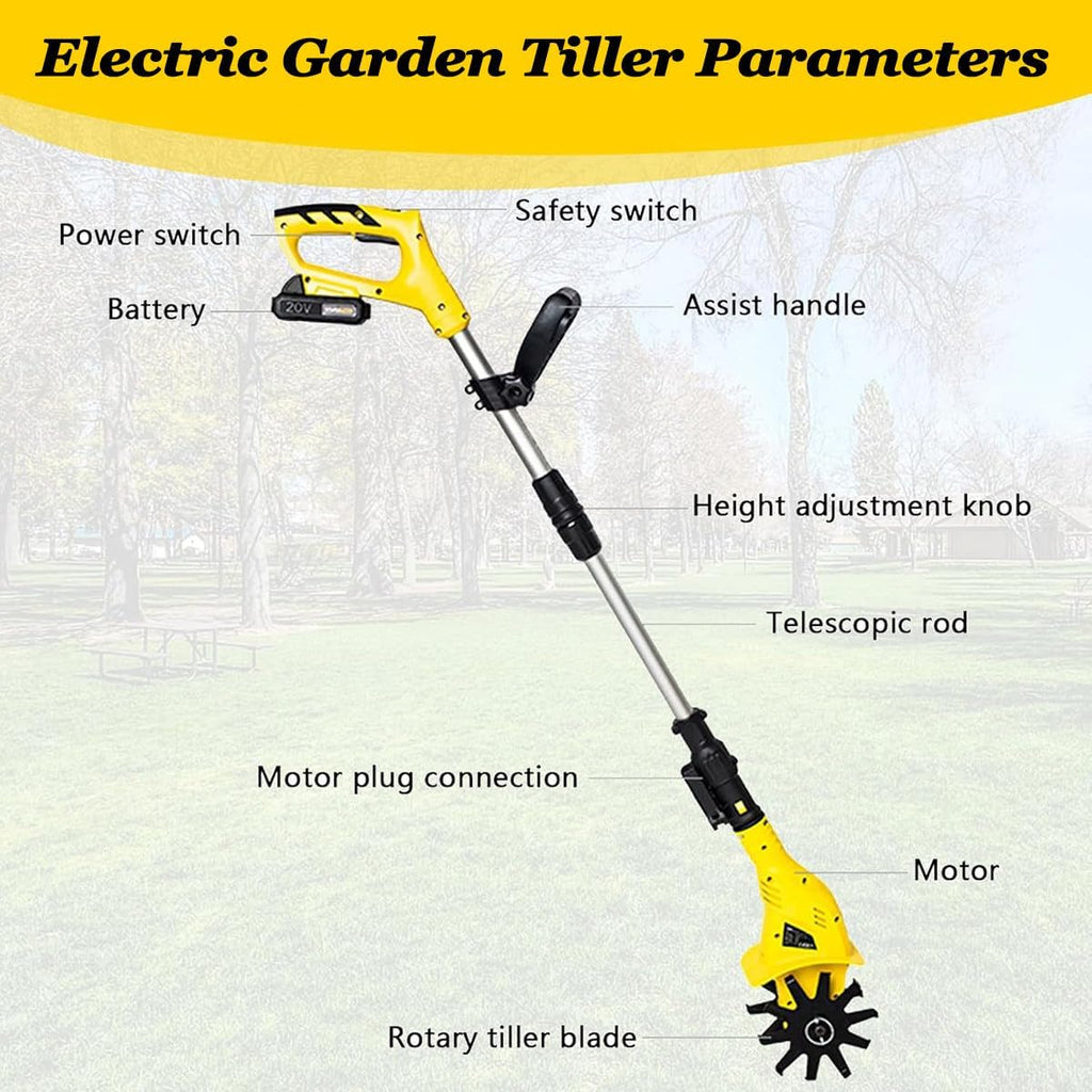 Gardening Tool Cultivation Machine, Cordless Electric Tiller, 250 max RPM Powered Tiller Cultivator, 97-127Cm Adjustable Handle, for Soil Mixing or Reseeding Grass