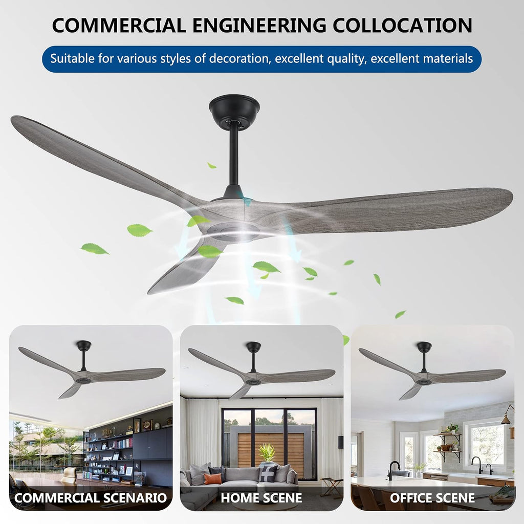 60 Inch Ceiling Fans with Remote Control,3 Imitation Wood ABS Blades, 6 Speeds, Noiseless Reversible DC Motor,Indoor/Outdoor Ceiling Fan for Farmhouse Living Room Dining Room Patio
