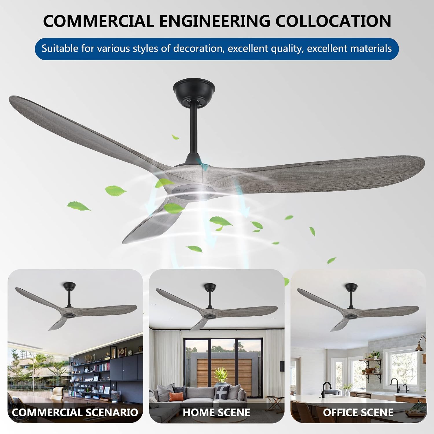 60 Inch Ceiling Fans with Remote Control,3 Imitation Wood ABS Blades, 6 Speeds, Noiseless Reversible DC Motor,Indoor/Outdoor Ceiling Fan for Farmhouse Living Room Dining Room Patio