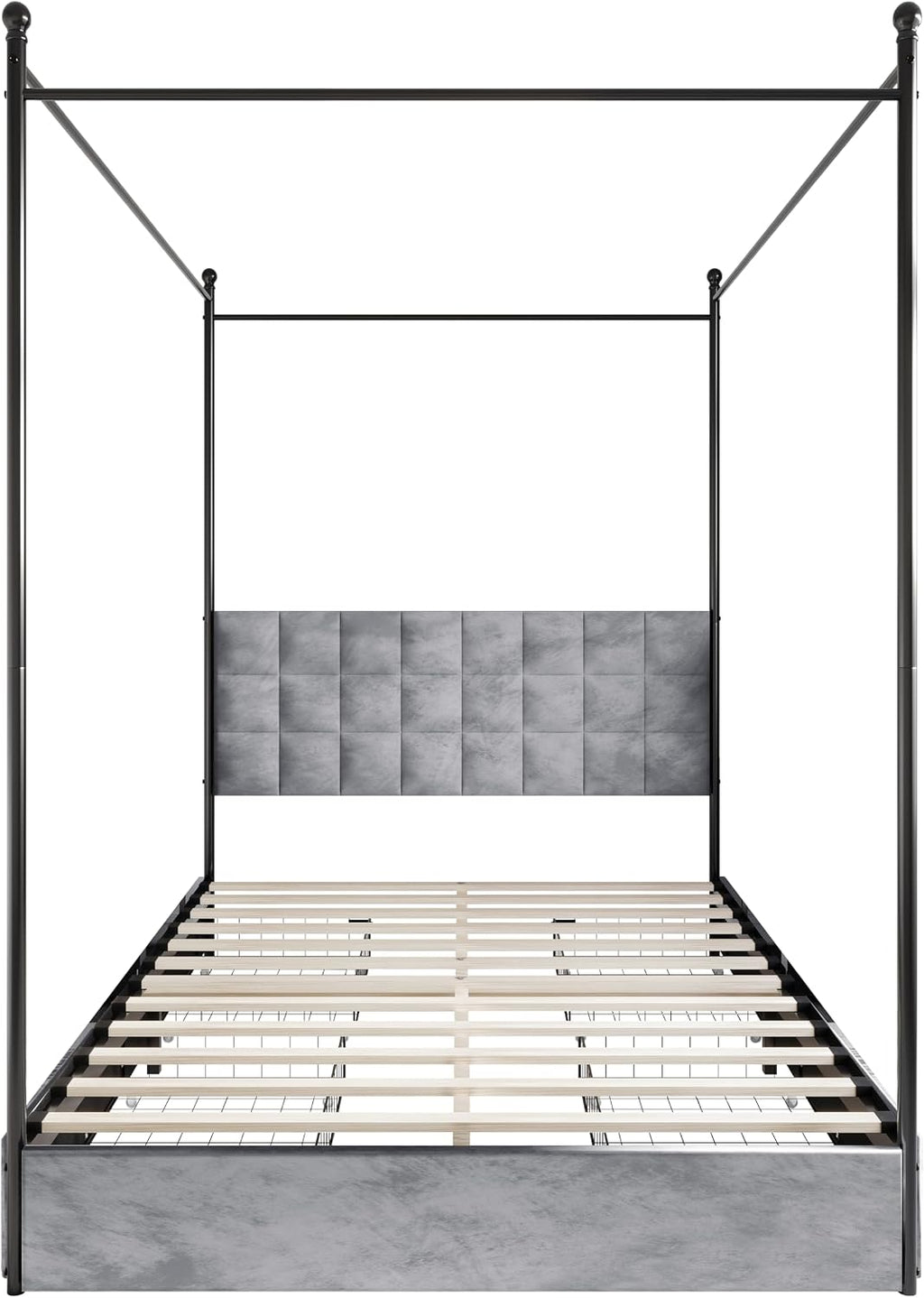 HOME DESIGN Hobart Upholstered Metal Storage Canopy Bed Full with Square-Tufted Velvet Headboard & 4 Drawers, Modern Platform Bed with Foam Padding