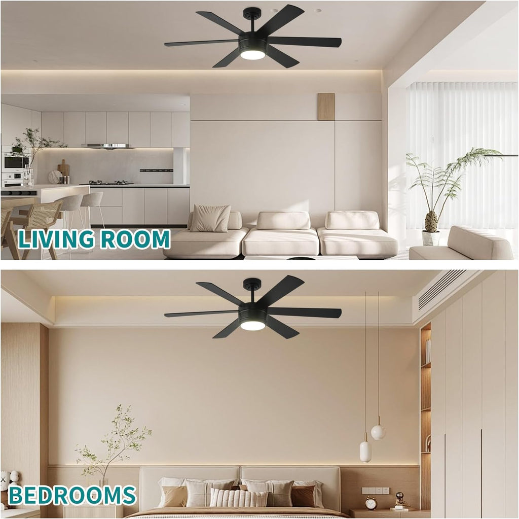 SHOWDI Black Ceiling Fans with Lights and Remote, Quick Installation, 56 in | 2 Blade Color, Metal Material, App Remote Control, Timer, Reversible, 3CCT, Dimmable for Bedroom, Living room, Indoor