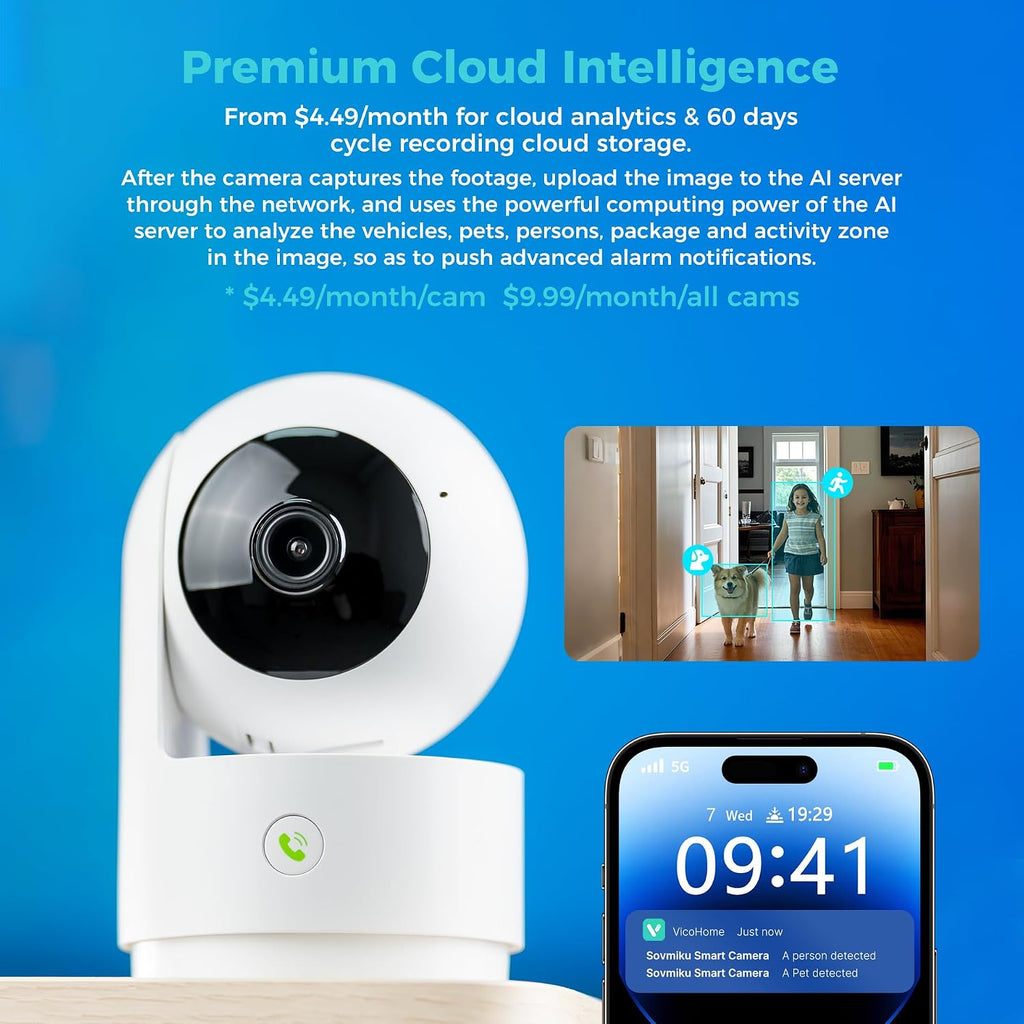 Vicohome AI 2K Outdoor Solar Battery Security Cam & Indoor Plug-in Cam System, Two Way Audio, Motion Detection, 360° View, Easy to Setup, Color Night Vision, Audible Siren, 180 Days Exchange Policy
