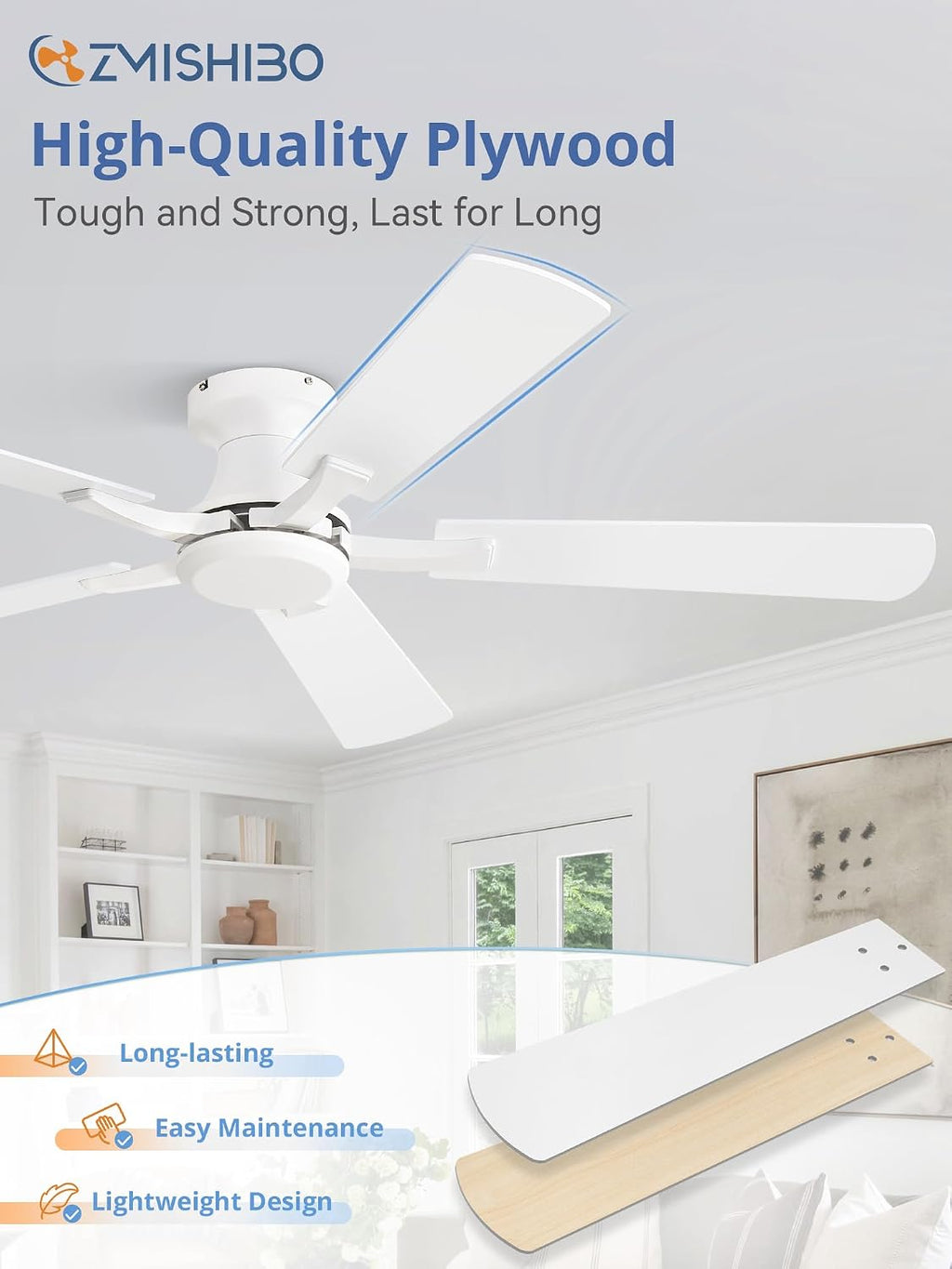 ZMISHIBO 52 Inch Ceiling Fan No Light, Flush Mount Low Profile, Modern White Ceiling Fan Without Light, Remote Control & Quiet DC Motor, for Indoor&Outdoor, Bedroom, Living Room