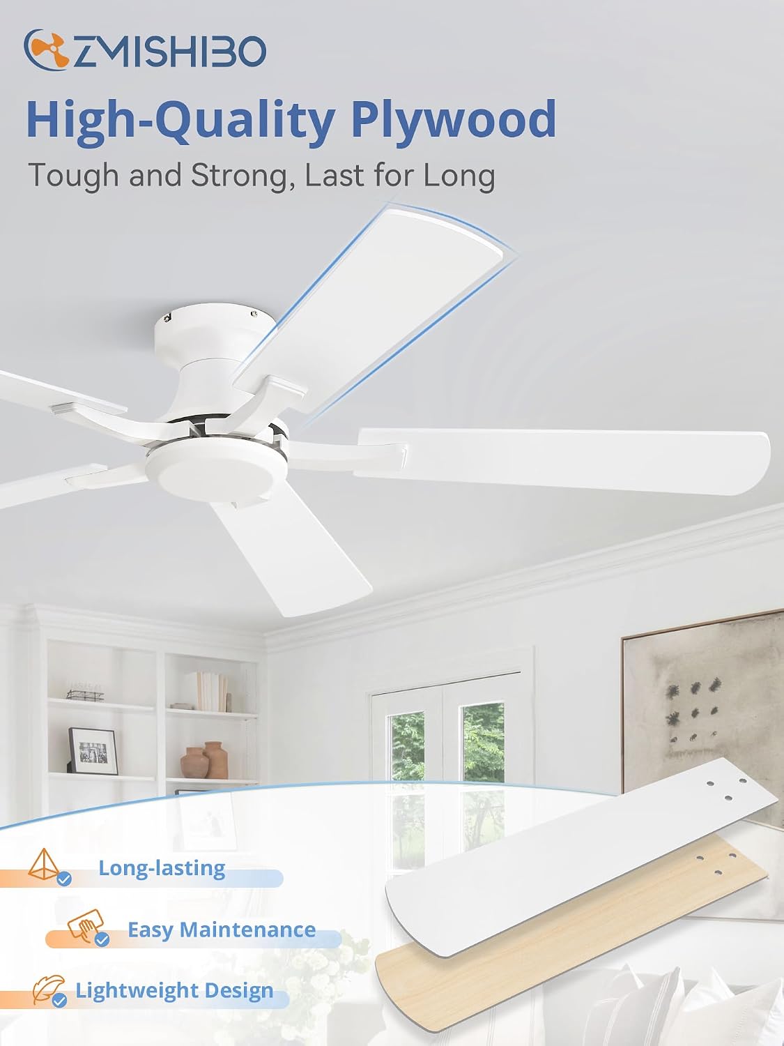 ZMISHIBO 52 Inch Ceiling Fan No Light, Flush Mount Low Profile, Modern White Ceiling Fan Without Light, Remote Control & Quiet DC Motor, for Indoor&Outdoor, Bedroom, Living Room