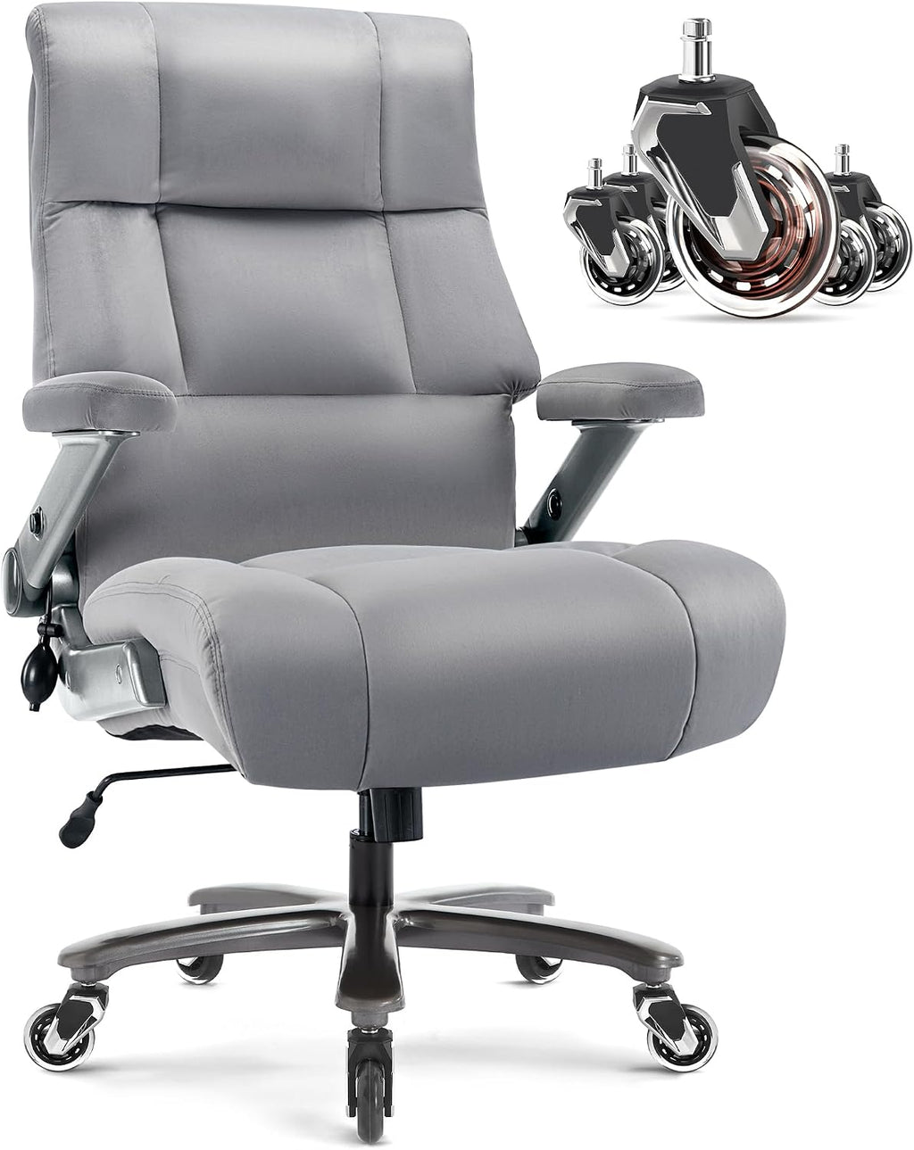 Big and Tall Office Chair 700lbs- Fabric Executive Desk Chair with Adjustable Lumbar Support 3D Flip UP Arms- Heavy Duty Quiet Wheels Metal Base Ultra-Soft Upholstered Ergonomic Computer Chairs, Grey