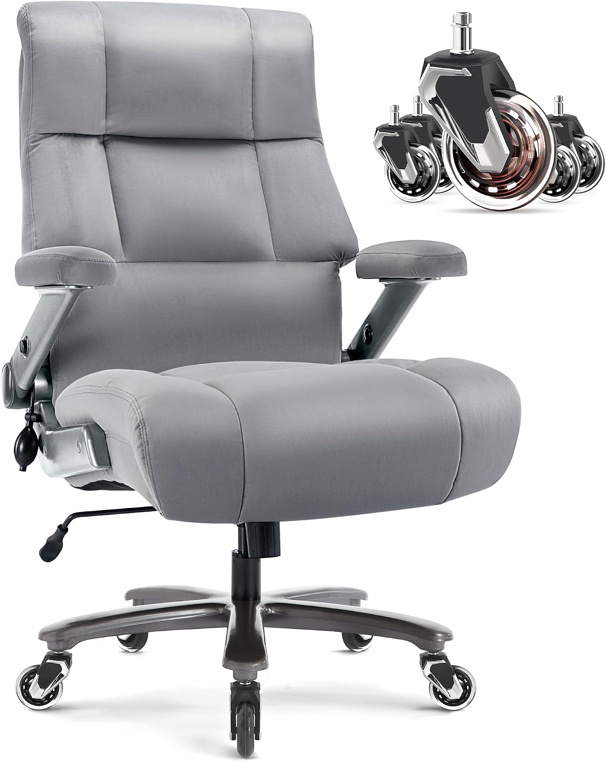Big and Tall Office Chair 700lbs- Fabric Executive Desk Chair with Adjustable Lumbar Support 3D Flip UP Arms- Heavy Duty Quiet Wheels Metal Base Ultra-Soft Upholstered Ergonomic Computer Chairs, Grey