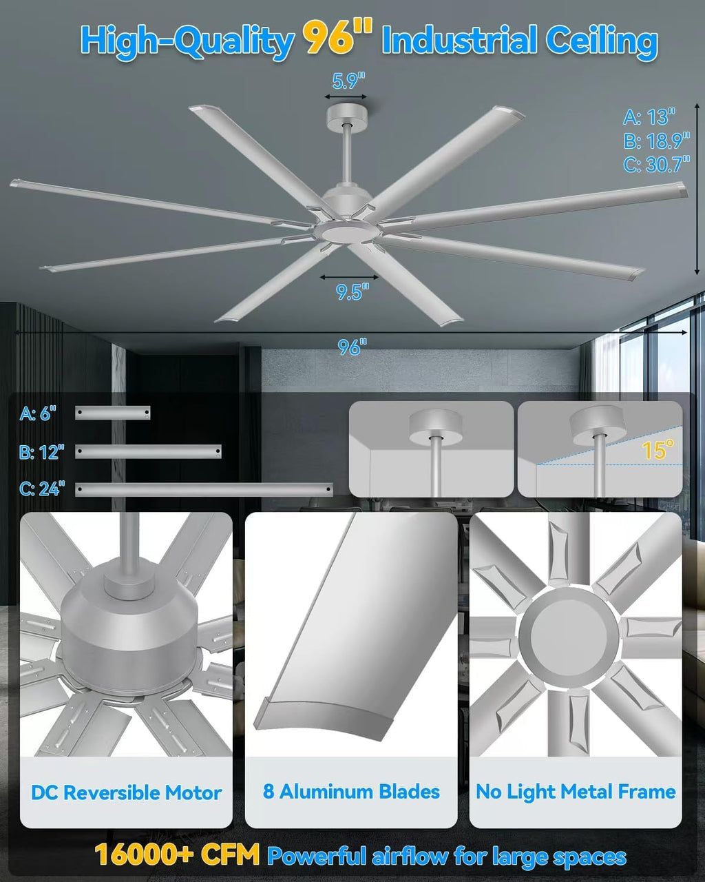 96 Inch Silver Industrial Ceiling Fan, Extra Large HVLS Commercial Big Assed Shop Ceiling Fan with 8 Aluminum Blades, DC Motor, Remote Control for Garage, Warehouse, Gym