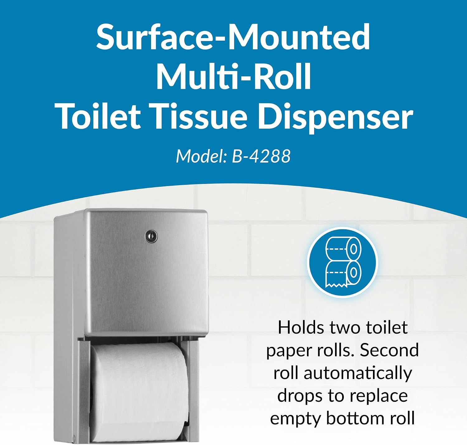 Bobrick Surface-Mounted Multi-Roll Toilet Tissue Dispenser – Satin-Finish Stainless Steel, ADA Compliant, Holds Two Standard Rolls, Theft-Resistant Heavy-Duty Spindles, ConturaSeries Design (Model B-4288)