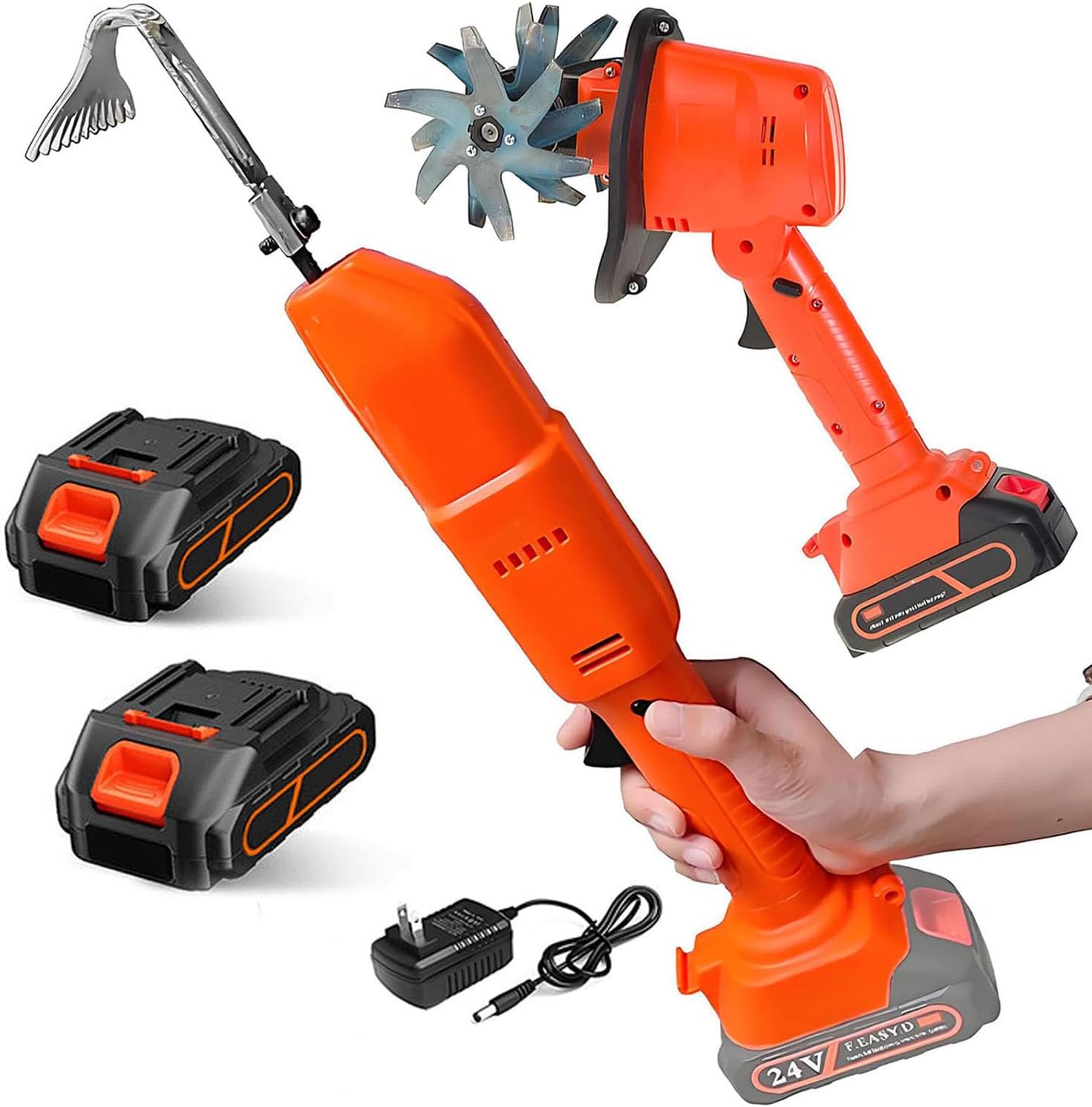 2 in 1 Cordless Tiller Cultivator with Electric Digging Hoe, Electric Garden Rotavator, with Telescopic Pole and 2 Batteries, 10Cm Tilling Width & Depth, Lightweight Rototiller for Gardening