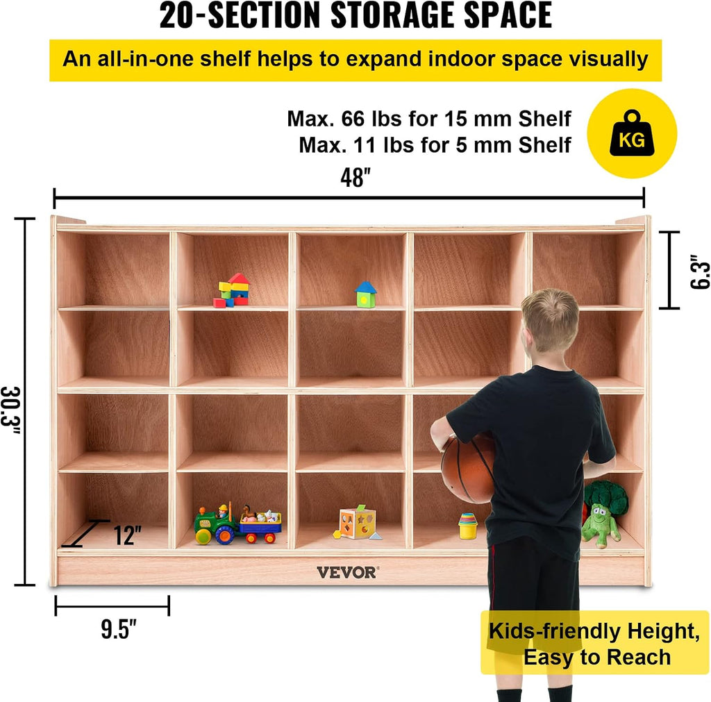 Happybuy 20-Section School Storage Locker, Wooden Storage Cabinet with 4 Casters, Classroom Cubbies for Storage, 15mm Thick Plywood Locker for Home, Office, School, Gym, Kindergarten