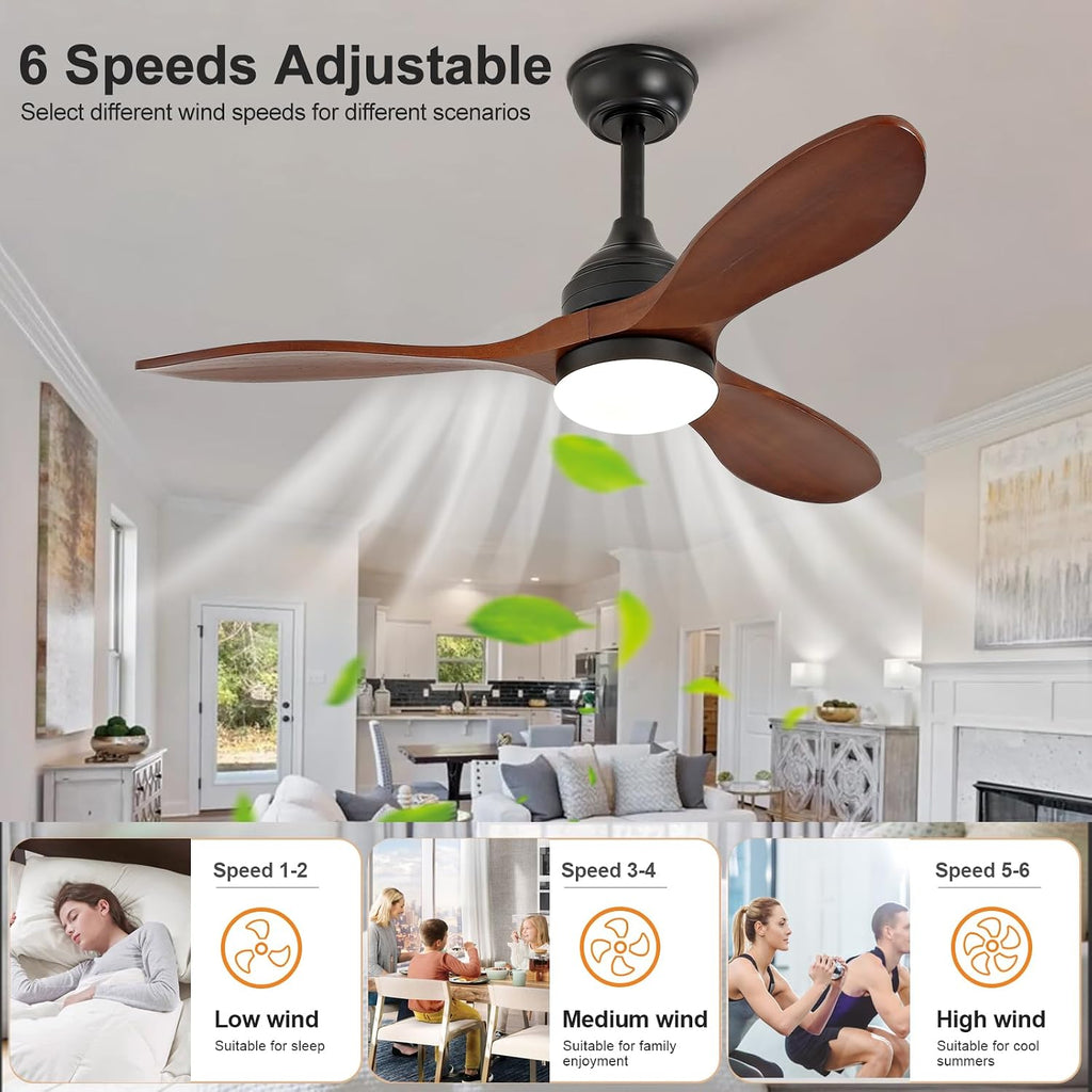 OKDNEG 42 Inch Ceiling Fans with Lights and Remote, 3 Wood Fan Blades Ceiling Fan,3CCT Dimmable,Timer,Quiet DC Motor,6 Speed,Indoor Outdoor Ceiling Fan for Offices Farmhouse Gazebo Patio
