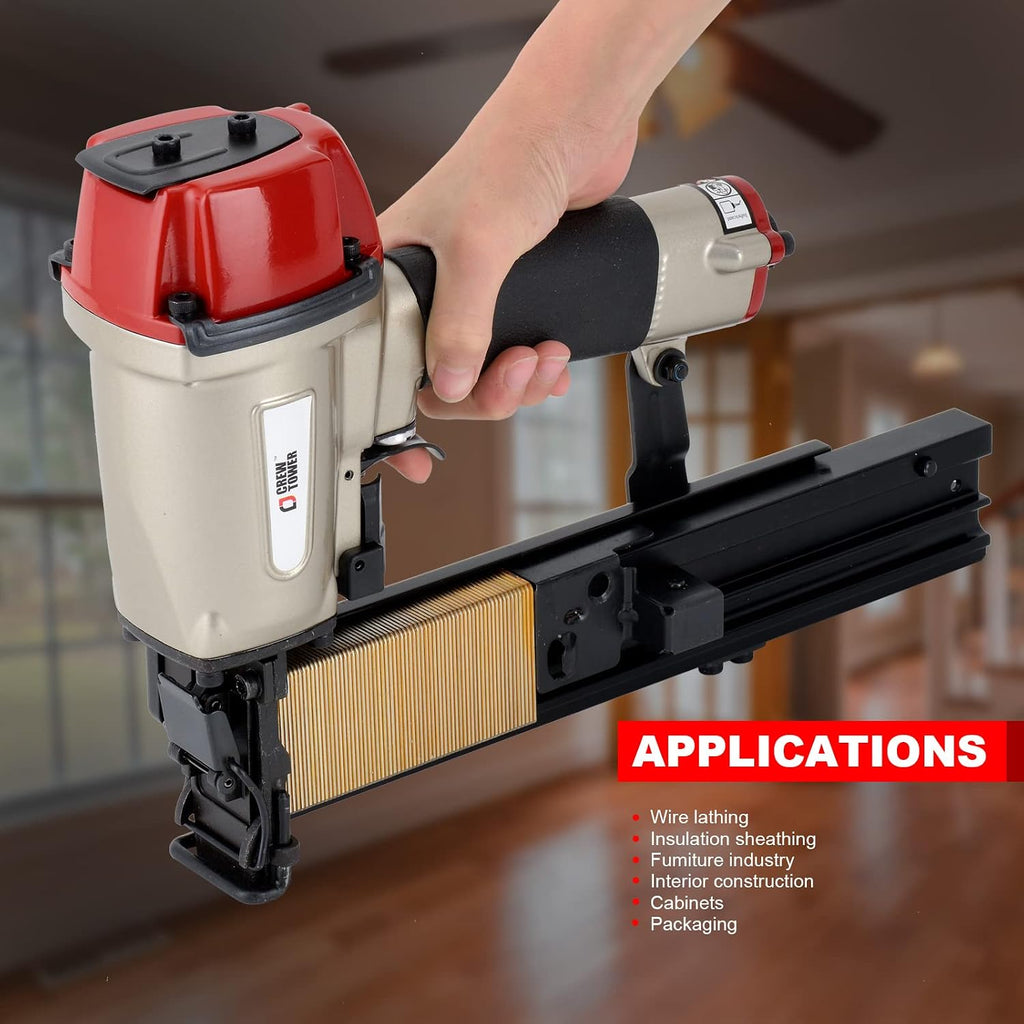 Construction Stapler, 16 Gauge 15/16-inch Wide Crown, Pneumatic Air Staple Gun for Fence Wire Wood Lathes Slats Furniture Frames Pallets and Finish, Heavy Duty