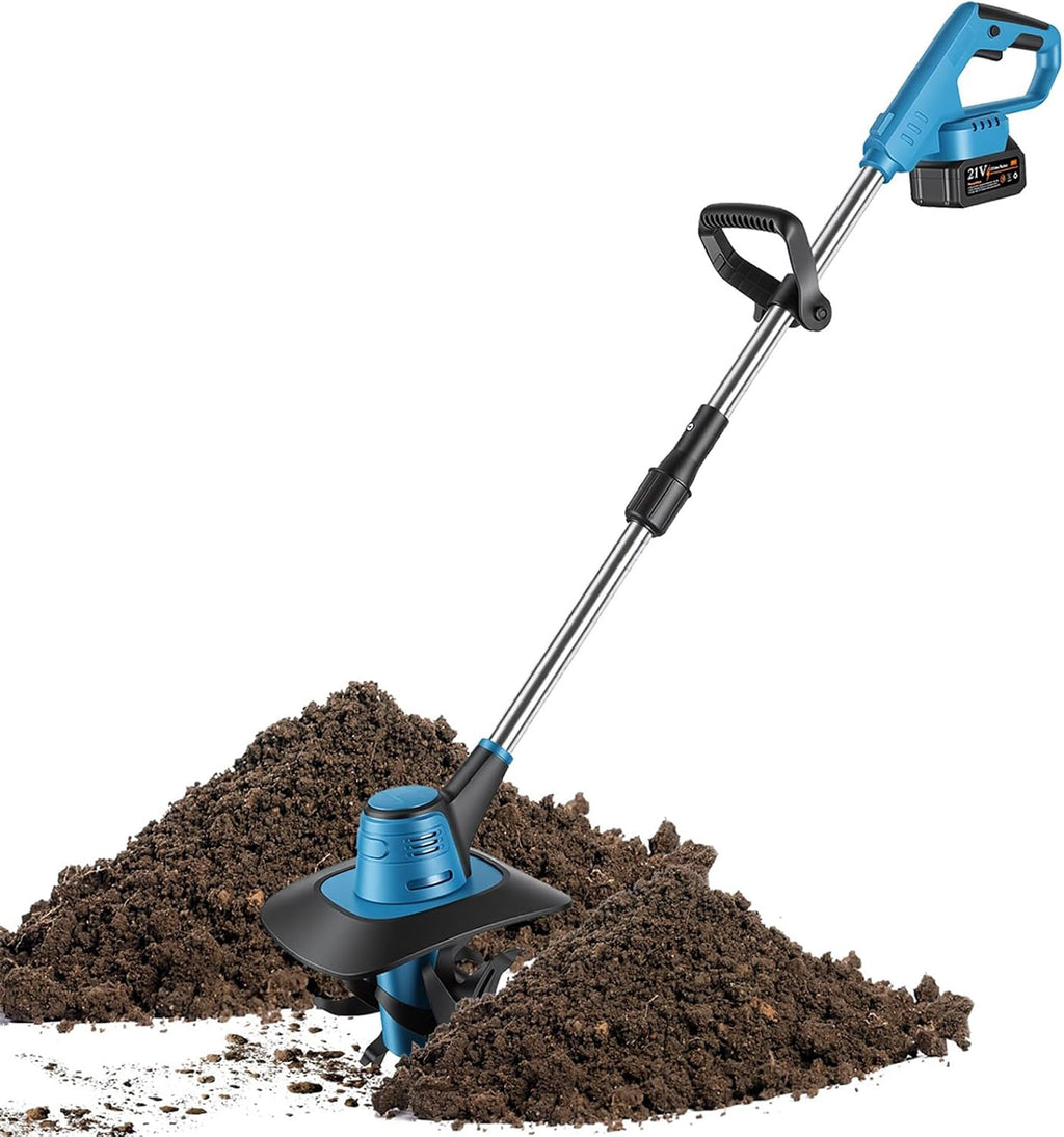 KOCASO 800W 21V Cordless Tiller Cultivator Powered Tiller with 8.66' Width 6.69' Depth Manganese Steel Tines for Soil Cultivation Weeding Gardening