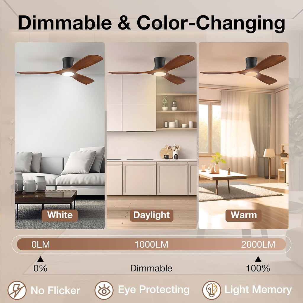 52 Inch Wood Ceiling Fans with Lights Remote,Low Profile Flush Mount Ceiling Fan with Light,Outdoor Indoor Modern Hugger Ceiling fan for Patio Bedroom,Walnut Brown& Black,3 Blades,6 Speeds,Ultra-Quiet