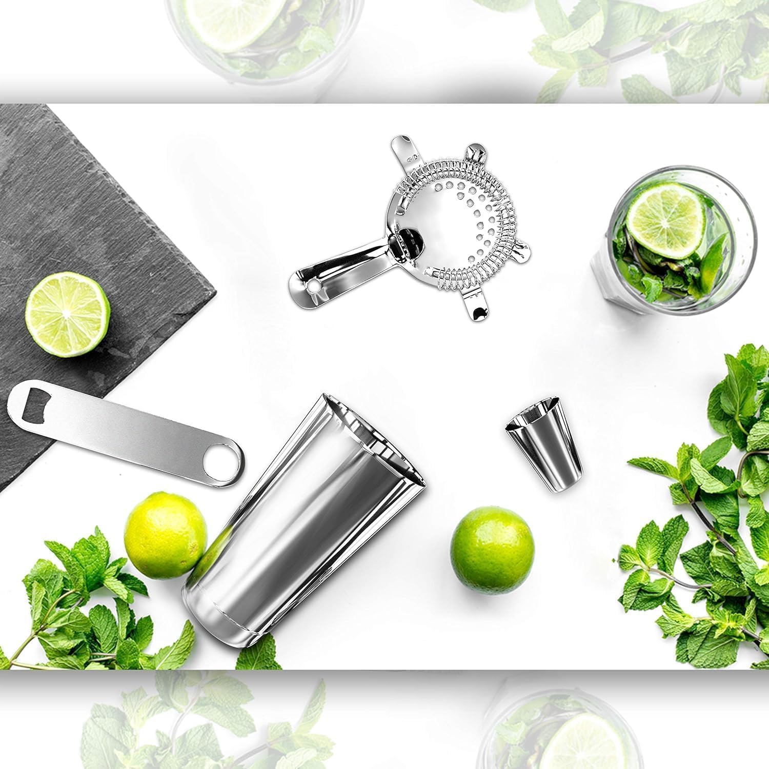 NutriChef Mixology Bartender Cocktail Shaker Set-Includes 15&30 oz Stainless Steel Shakers,6 Bottle Pourers&More-Essential Martini Making Kit-Drink Mixing Set-15 Piece Cocktail Bar_Set (Pack of 12)