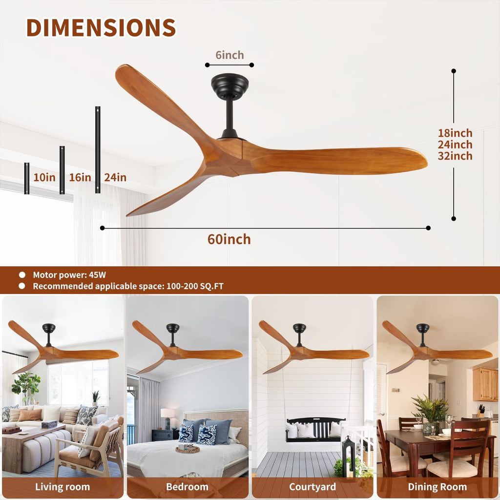 Ceiling Fan No Light 60 Inch Wood Ceiling Fans Without Lights for Bedroom Living Room Indoor Outdoor Outside Reversible ETL DC Motor Ceiling Fan for Angled Sloped Ceiling