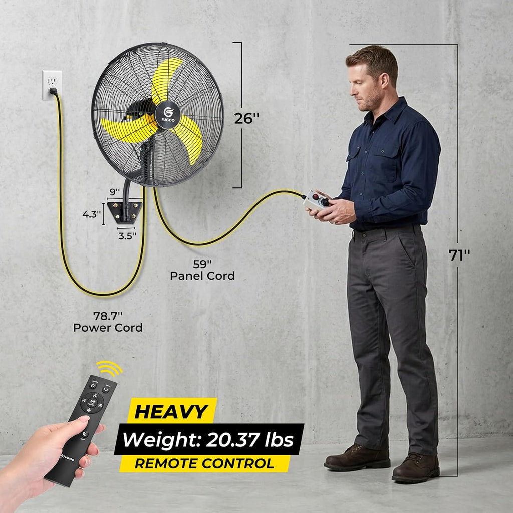 FUGOO 24' Quiet Outdoor Oscillating Wall Mount Fan With Remote Control,All Sealed BLDC Motor,4-Speed Waterproof Outdoor Fan, Heavy Duty Industrial Wall Fans for House,Patios,Garage,Warehouse 5000CFM