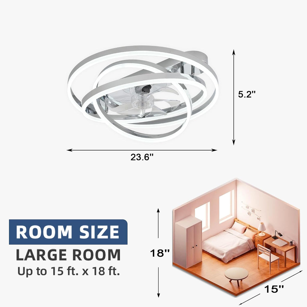 24' Modern Ceiling Fans with Lights and Remote Control,Reversible DC Motor,Dimmable,DIY Rings LED,Flush Mount Low Profile Ceiling Fan with Light for Living Room/Dining Room/Bedroom