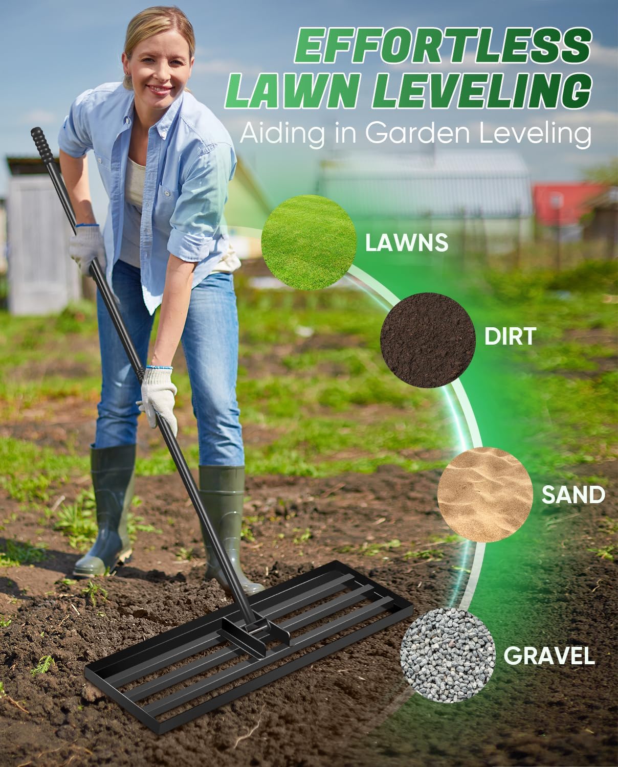 Saker 22V Cordless Electric Garden Tiller Cultivator with Saker Lawn Leveling Rake 30x10 Inch, 73-Inch Heavy Duty Lawn Leveler Tool
