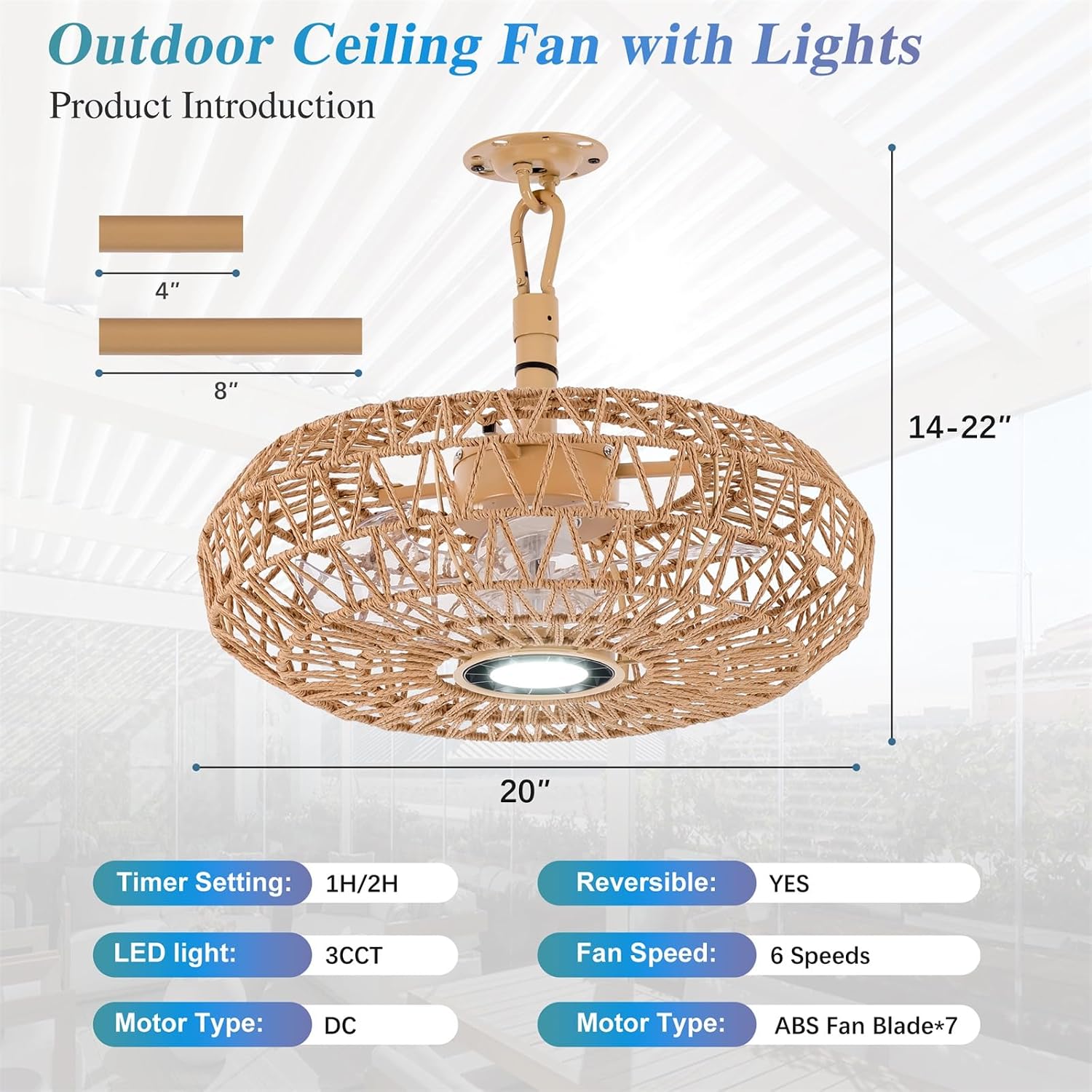 She's home 20'' Outdoor Gazebo Fan with Lights and Remote, Outside/Indoor Hanging Rattan Ceiling Fan, 3CCT Dimmable, 6-Speed DC Motor, Plug-in Wicker Woven Caged Ceiling Fans for Patio Pergola Porch