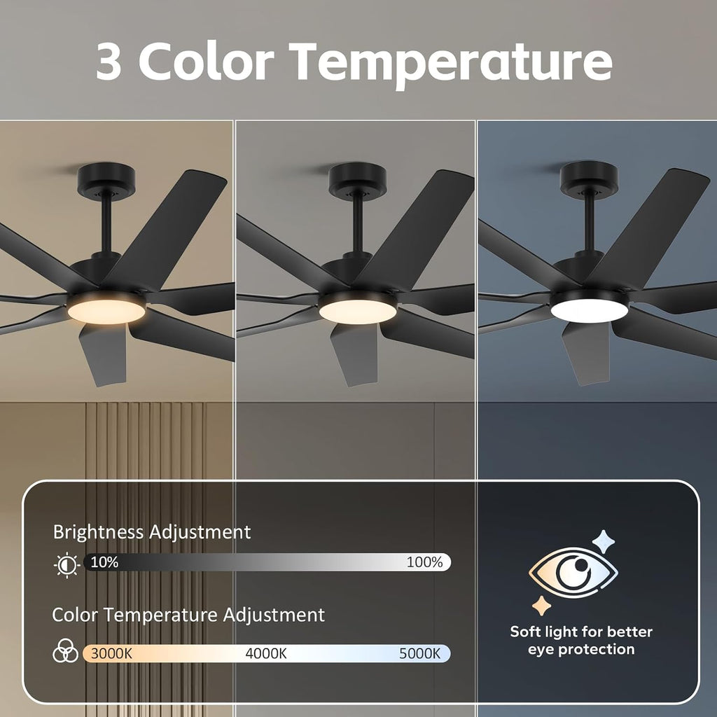 65 Inch Outdoor Ceiling Fans for Patios with Lights, Modern Black Smart Ceiling Fan with Alexa/Remote Control, Wet Rated 7-Blade Large Outdoor Fan for Living Room Gazebo Garage, Quiet DC Motor