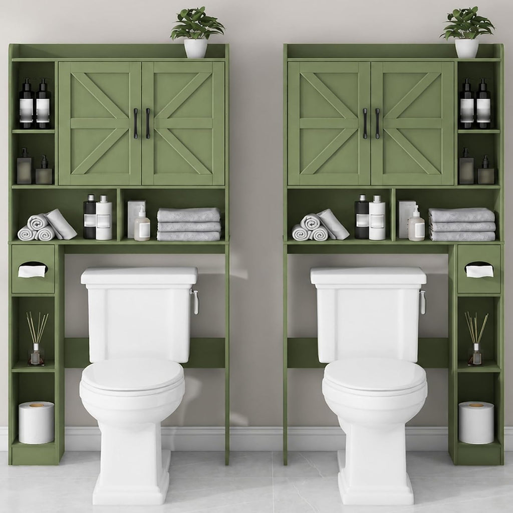 Vabches Over The Toilet Storage Cabinet, Farmhouse Storage Cabinet Over Toilet with 2 Barn Doors & Toilet Paper Holder Stand，Home Space-Saving Toilet Rack, for Bathroom, Restroom, Laundry. Green