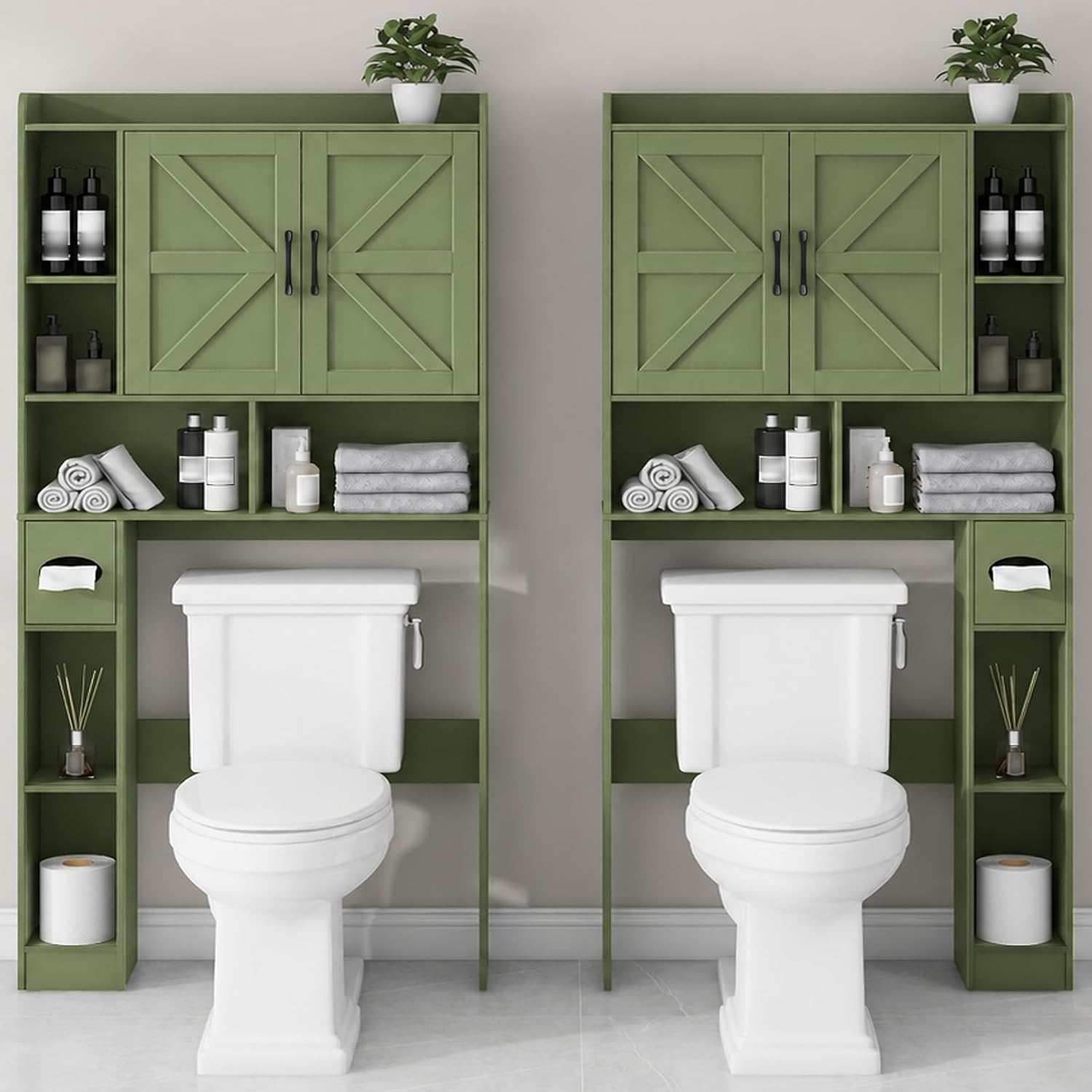 Vabches Over The Toilet Storage Cabinet, Farmhouse Storage Cabinet Over Toilet with 2 Barn Doors & Toilet Paper Holder Stand，Home Space-Saving Toilet Rack, for Bathroom, Restroom, Laundry. Green