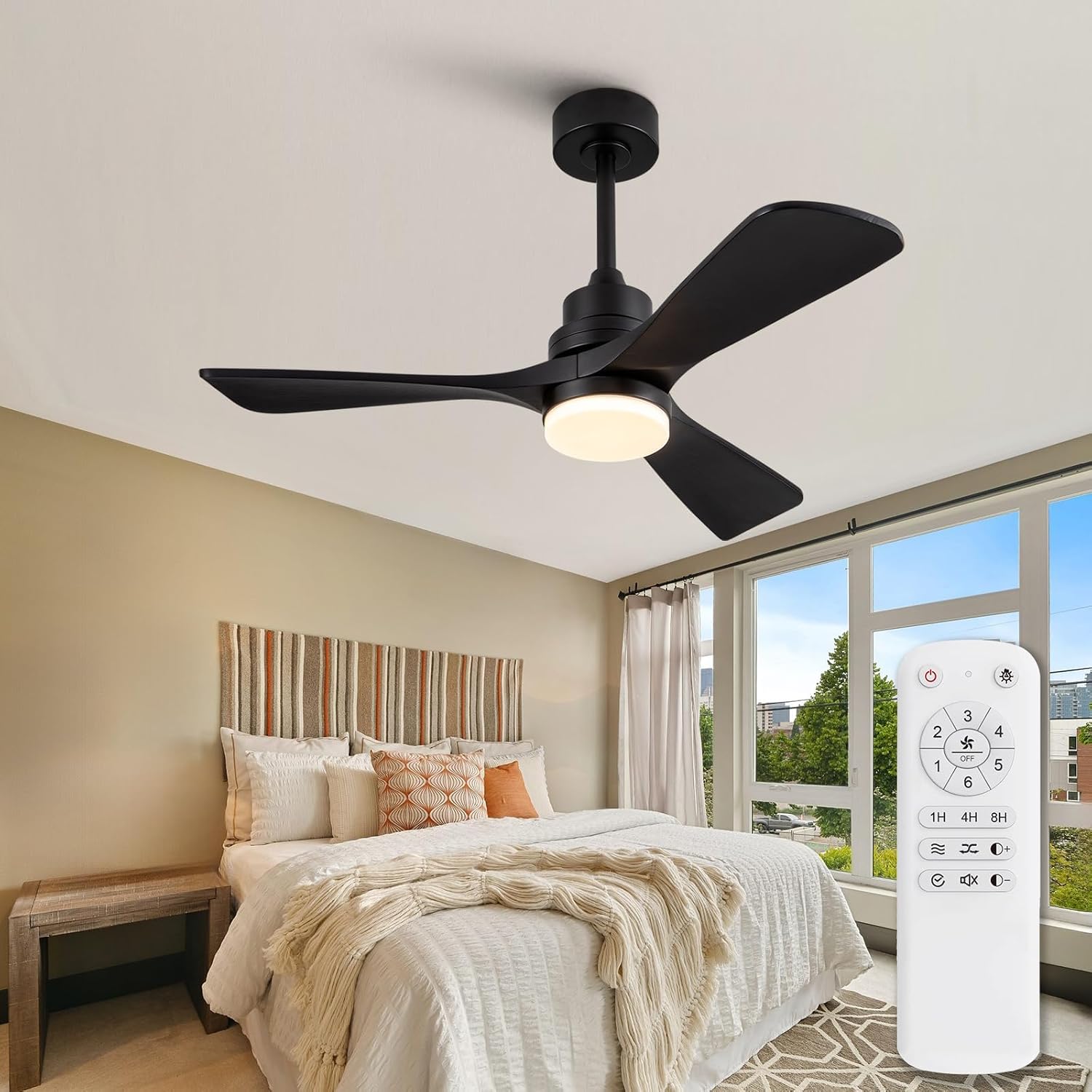 42 Inch Black Ceiling Fans with Lights and Remote Control,Dimmable LED Light,3 Wood Blades,Memory Function,Reversible DC Motor,Modern Indoor Outdoor Ceiling Fan for Patios Bedroom