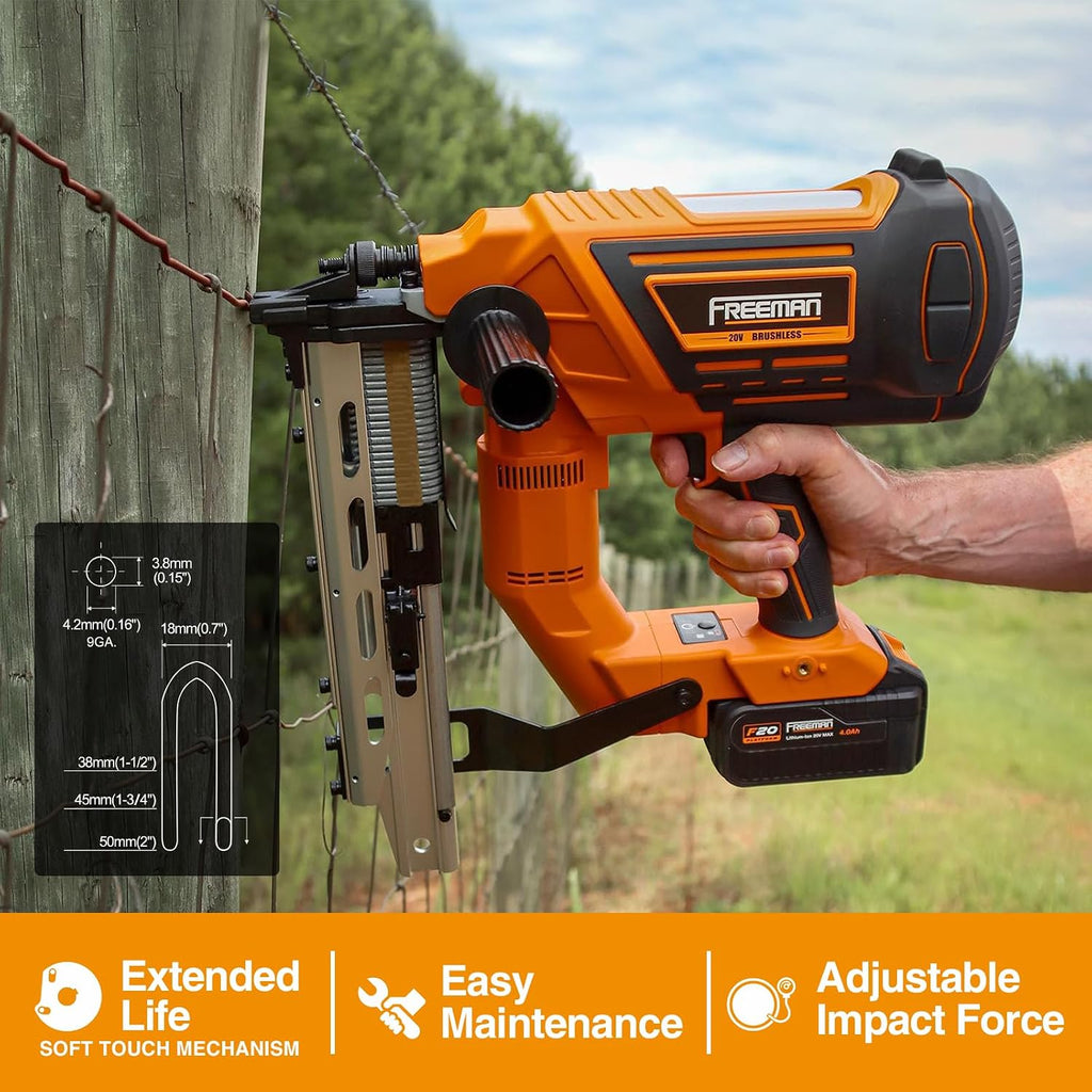 Freeman 20V Cordless 9-Gauge Fencing Stapler/Staple Gun Kit, Includes Battery, Charger, T-Handle & Case | Tool-Free Depth Adjust, Reload Indicator, Wire Alignment Notch | PE20VFS9