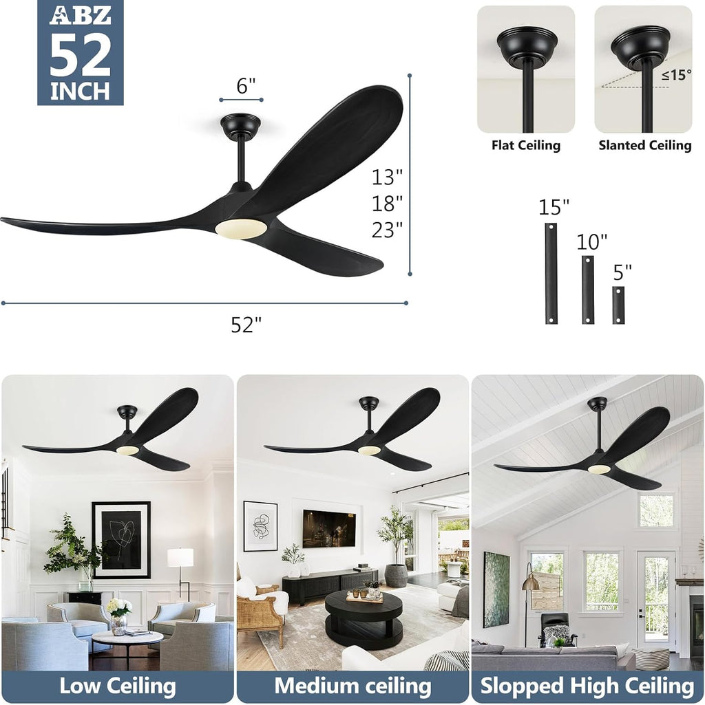 ABZ 52 Inch Ceiling Fans with Lights and Remote Control, Wood Outdoor Ceiling Fan with light 3 Blades Propeller Black Ceiling Fan for Indoor Patios Bedroom Garage ETL Listed, Matte Black