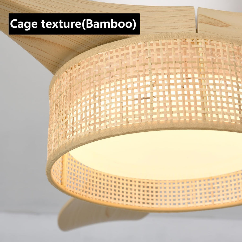 Eamonex 52 inches LED Bamboo DC Ceiling Fan with Light Fixture and Remote Control,Boho Wooden Bohemian Dimmable Rattan Wicker Fandelier for Indoor,Outdoor,Bedroom,Living room,Dining room