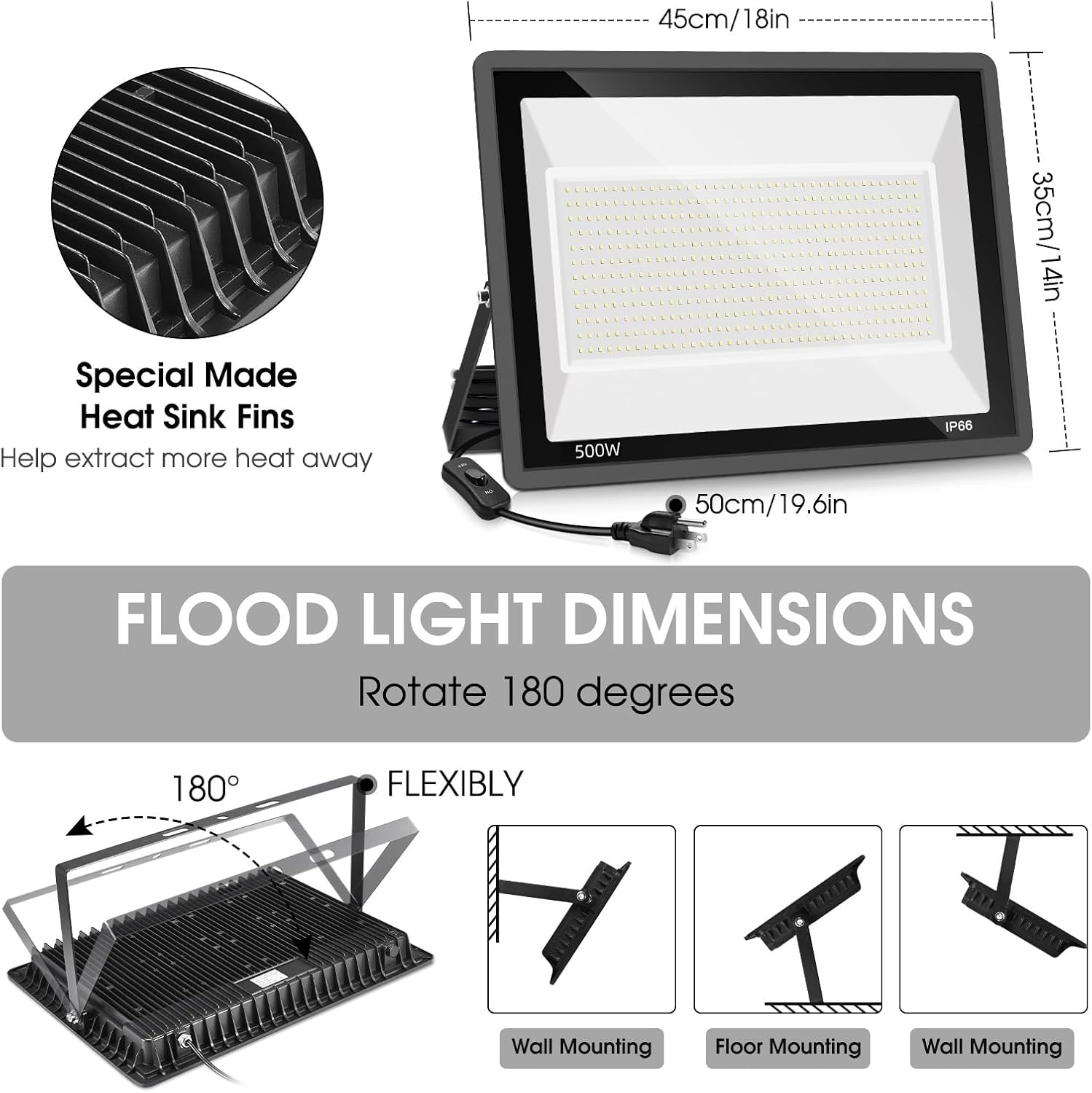 YANYCN 2 Pack 500W LED Flood Light Outdoor,2750W Equivalent Super Bright FloodLight with Plug,58600LM 5000K Daylight White IP66 Waterproof Commercial Lighting for Sports Fields,Counts,Arena,Stadium