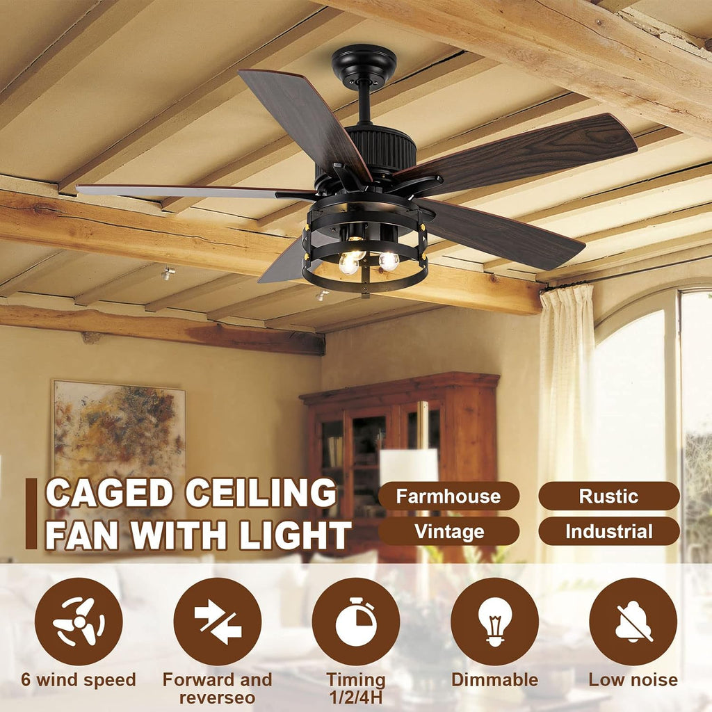Farmhouse Rustic Ceiling Fans With Lights and Remote, Outdoor Ceiling Fan For Patios With Light, 52 In Flush Mount Ceiling Fan 5 Blade Dual Finish, Reversible DC Quiet Motor for indoor/outdoor