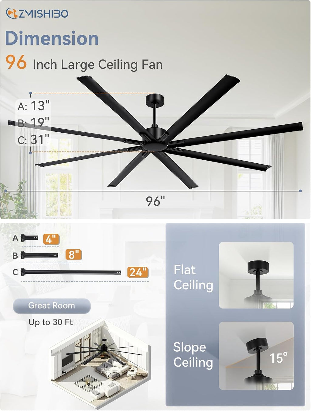 ZMISHIBO 96 Inch Industrial DC Motor Ceiling Fan, Large Ceiling Fan with 8 Reversible Blades, 3 Downrods, 6-Speed Remote Control, Home or Commercial Ceiling Fans for Porch/Garage/Shop, Black